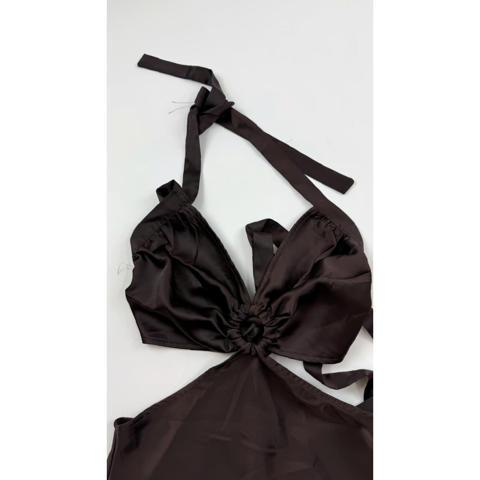 Vintage Peppermayo Dress Womens 4 Brown Halter Cutout O-Ring Mini Satin Party Tie Back Size S / US 4 / IT 40 - 4 Thumbnail