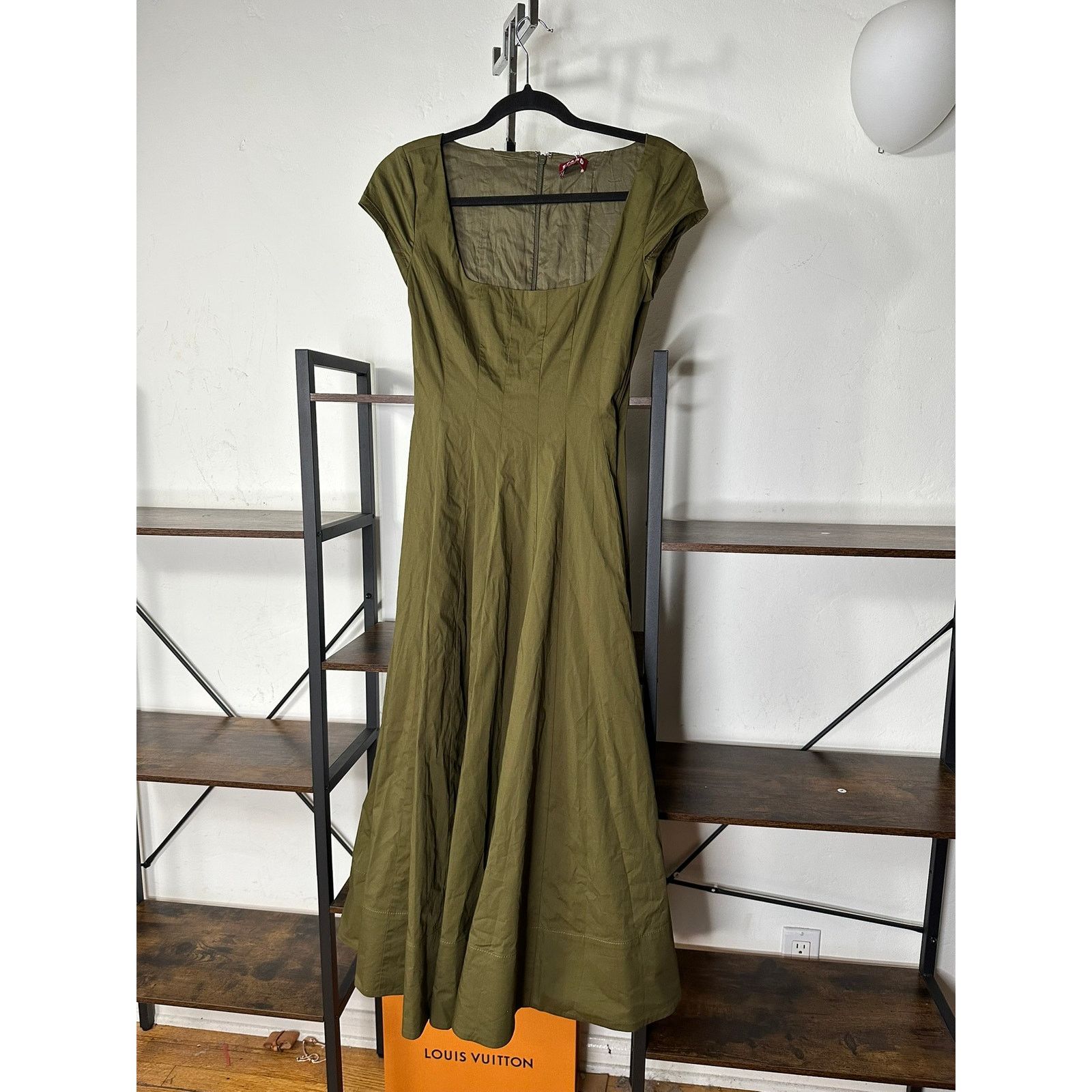 Staud STAUD Short Sleeve Wells Dress in Sergeant Green 4