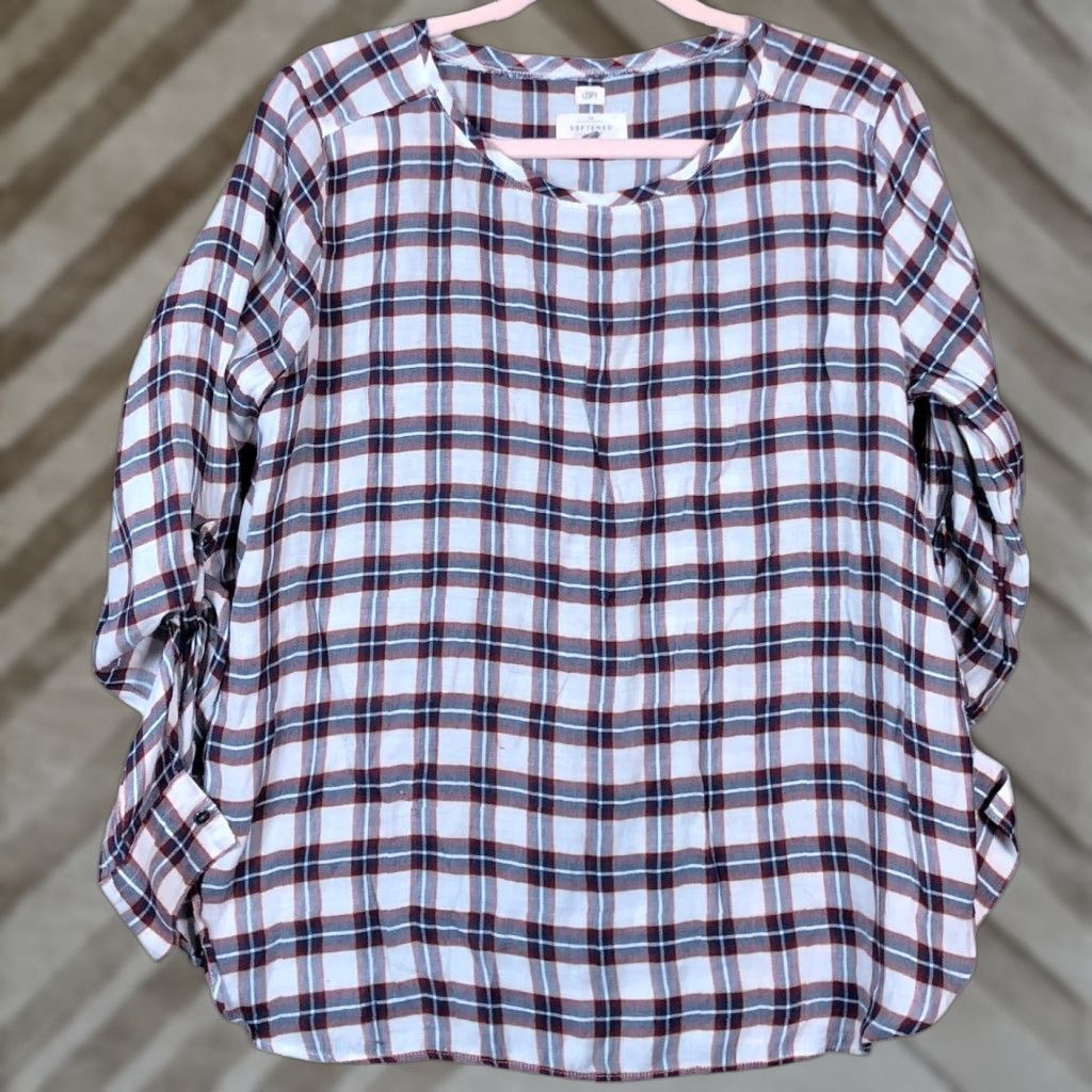 Ann Taylor Womens Shirt Ann Taylor LOFT White Multicolored Plaid Roll Tab Lightweight Small Casual Womens Crew Neck Long Sleeve T-Shirt Size S / US 4 / IT 40 - 1 Thumbnail