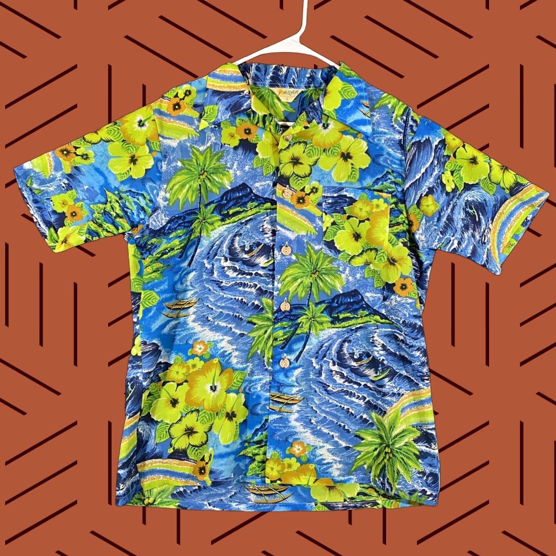 ALOHAS VINTAGE Aloha Shirt Mens Medium Blue Green Floral Button-Up Short Sleeve Wave Print S/S Size US M / EU 48-50 / 2 - 1 Thumbnail
