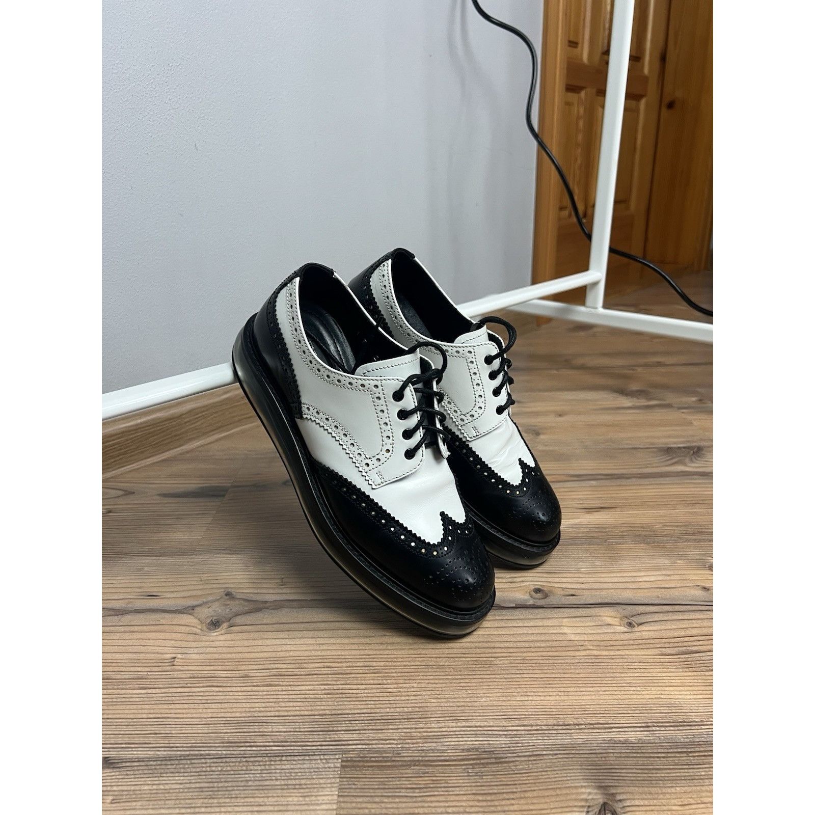 Prada PRADA Milano Women`s Black White Leather Derby Brogues Size Size US 8 / IT 38 - 13 Thumbnail