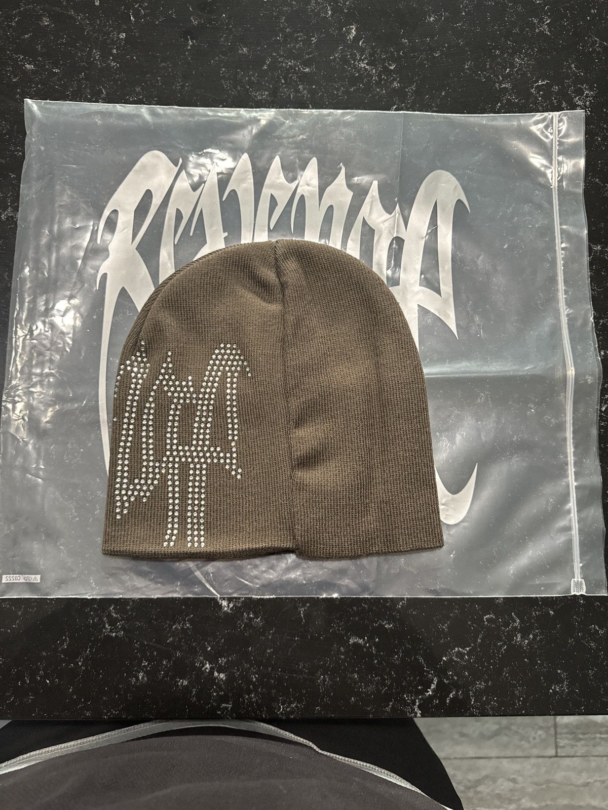 image of Revenge Rhinestone Beanie in Olive, Men's