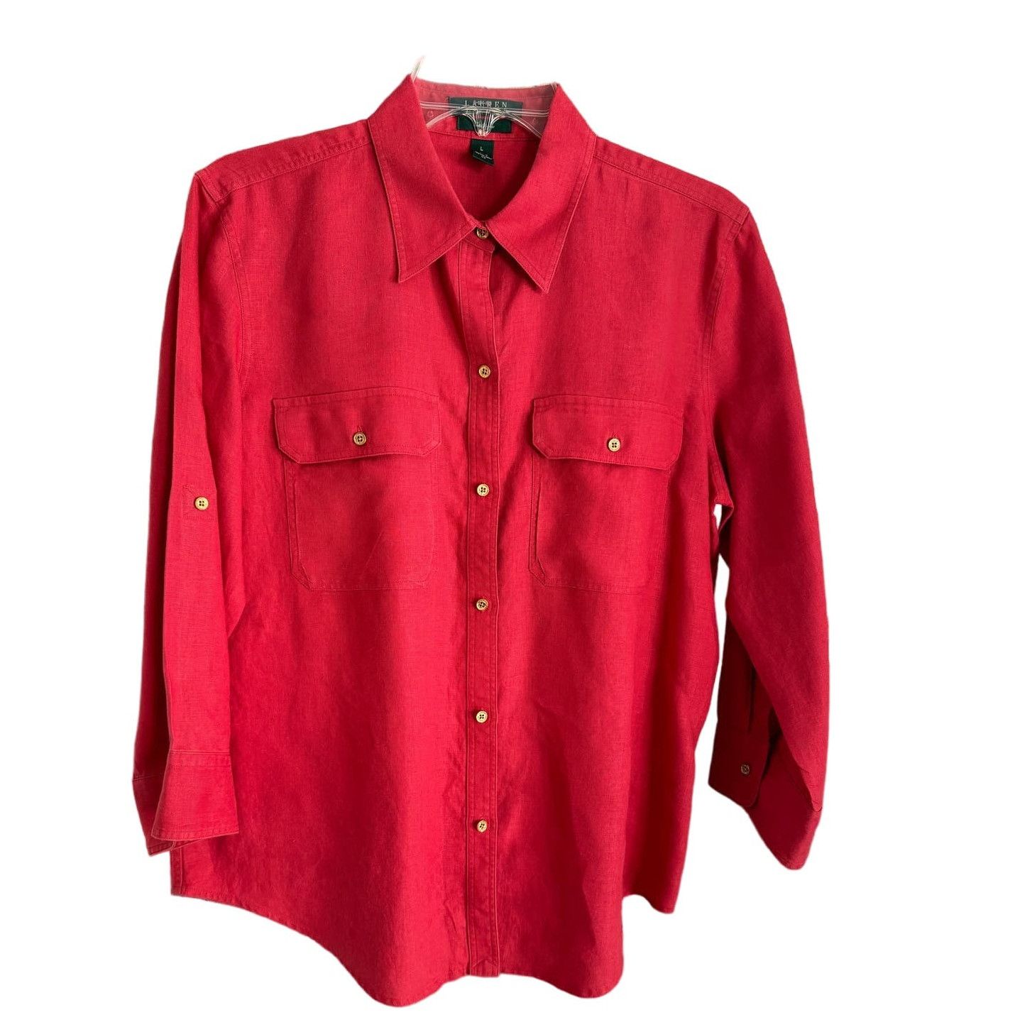 image of Vintage Red Ralph Laurent Exclusive Button Blouse 100% Linen, Women's (Size Large)