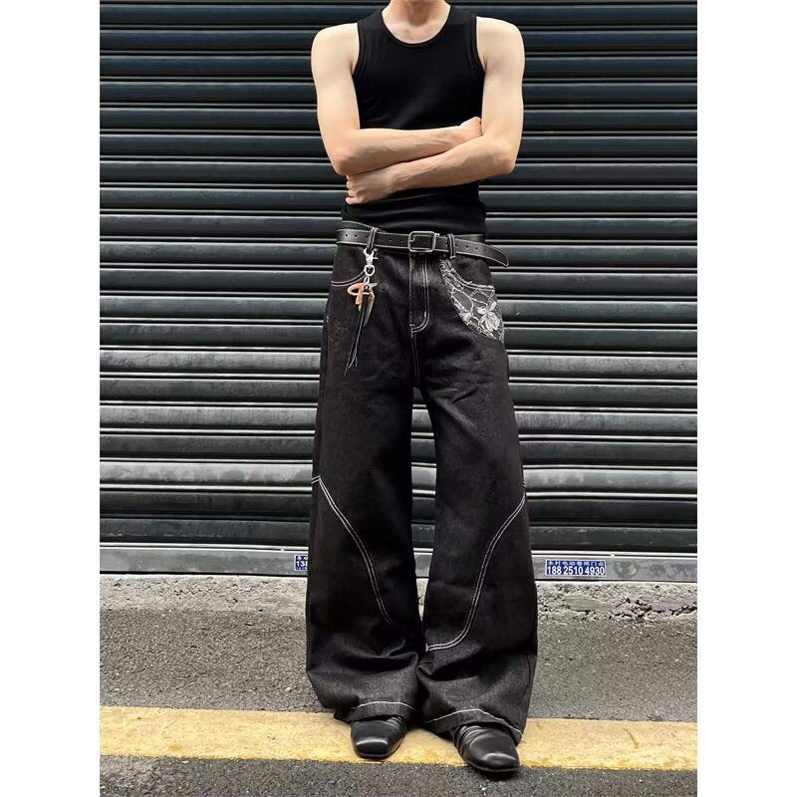 Japanese Brand Black Wide Leg Denim Jeans with Stitch Detail and Patch Size US 30 / EU 46 - 1 Thumbnail
