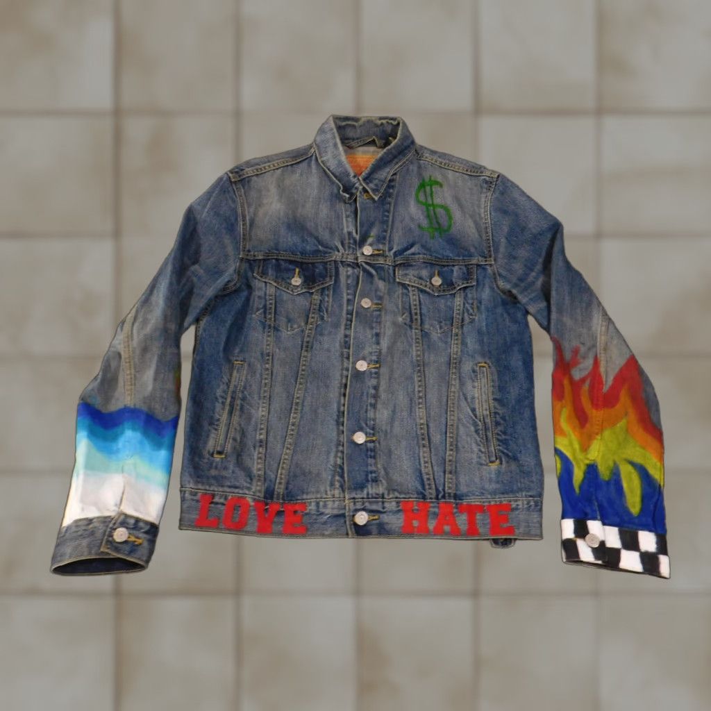 Levi's VINTAGE Levi's Jacket Mens Medium Blue Denim Hand-Painted Love Hate Flames Art Bomber Jacket Size US M / EU 48-50 / 2 - 1 Thumbnail