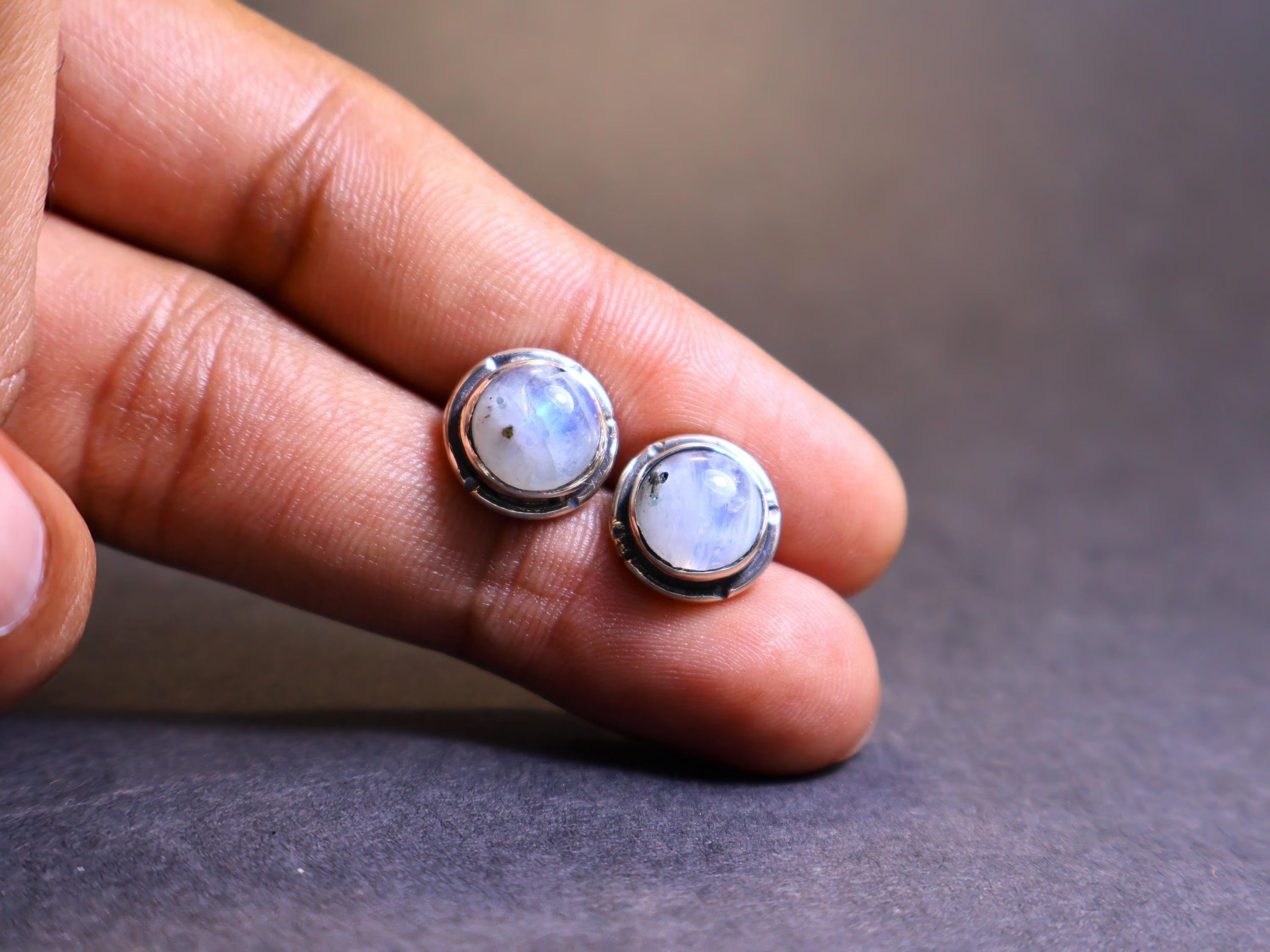 Handmade Moonstone Stud Earrings, Sterling Silver Handmade Earrings, Size ONE SIZE - 1 Thumbnail