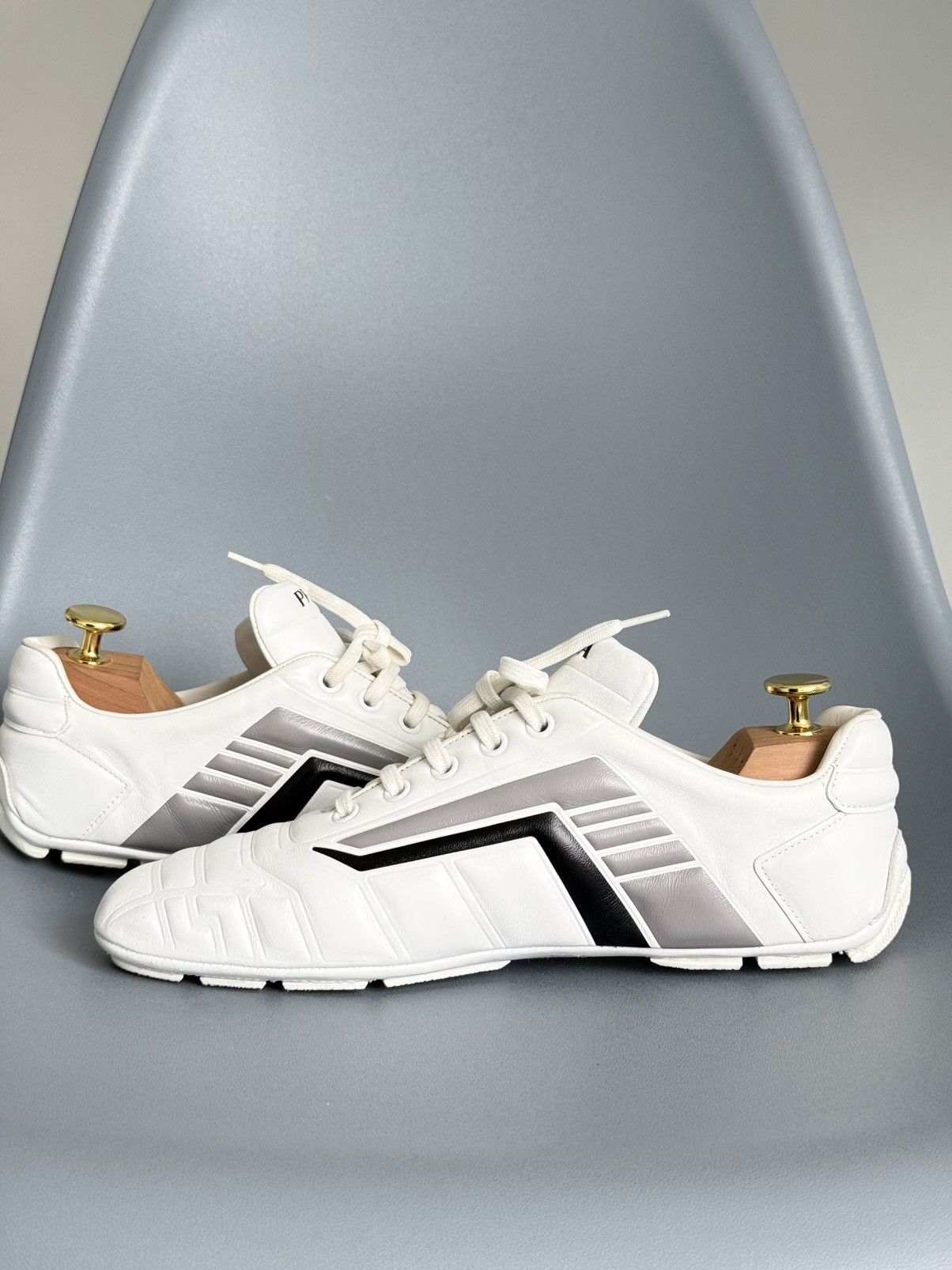 Prada Prada Rev Sneakers White Padded Leather Gray Stripe Low Top Size US 9 / IT 39 - 8 Thumbnail