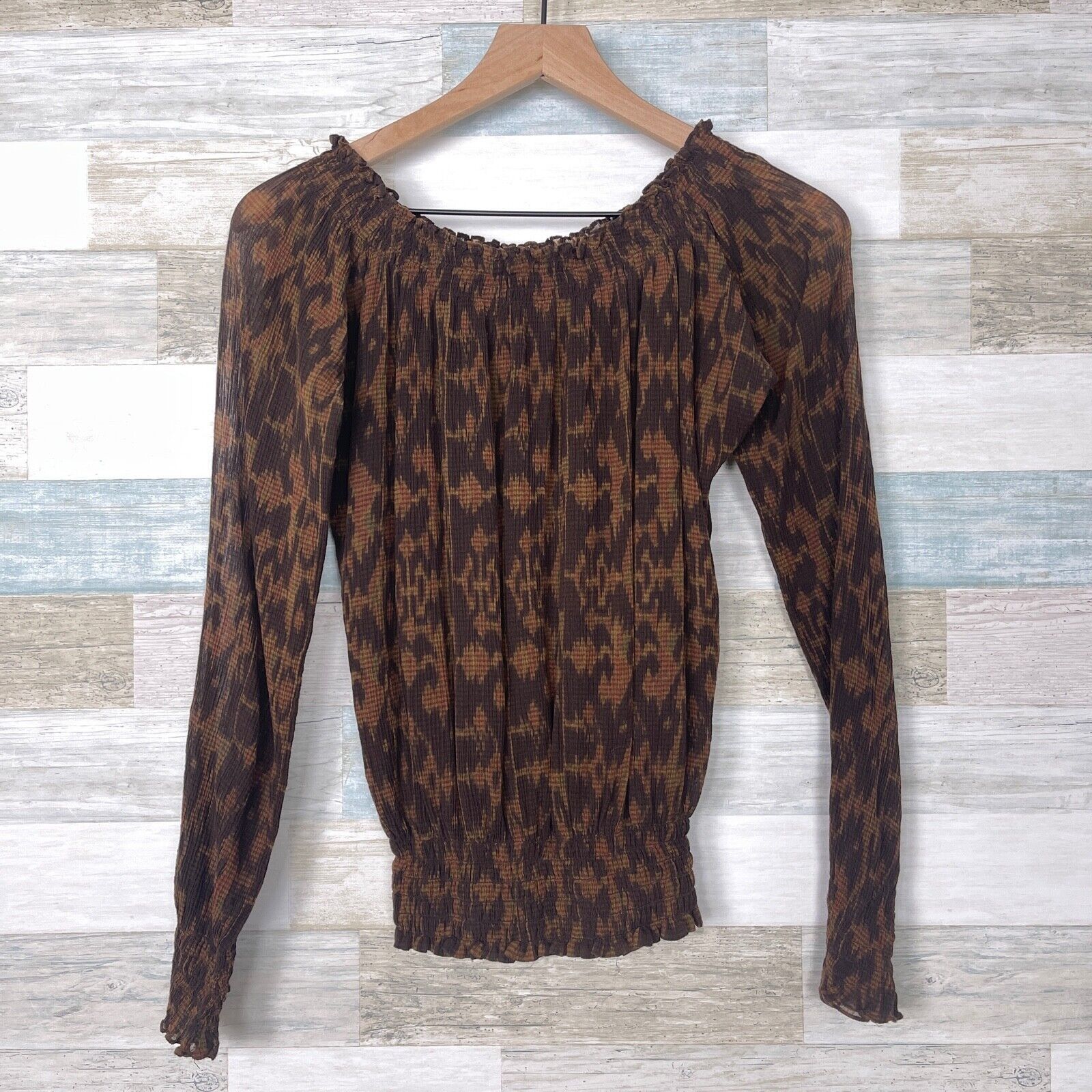 Lauren Ralph Lauren LRL Ralph Lauren Silk Crinkle Smock Peasant Top Brown Animal Size S / US 4 / IT 40 - 1 Thumbnail