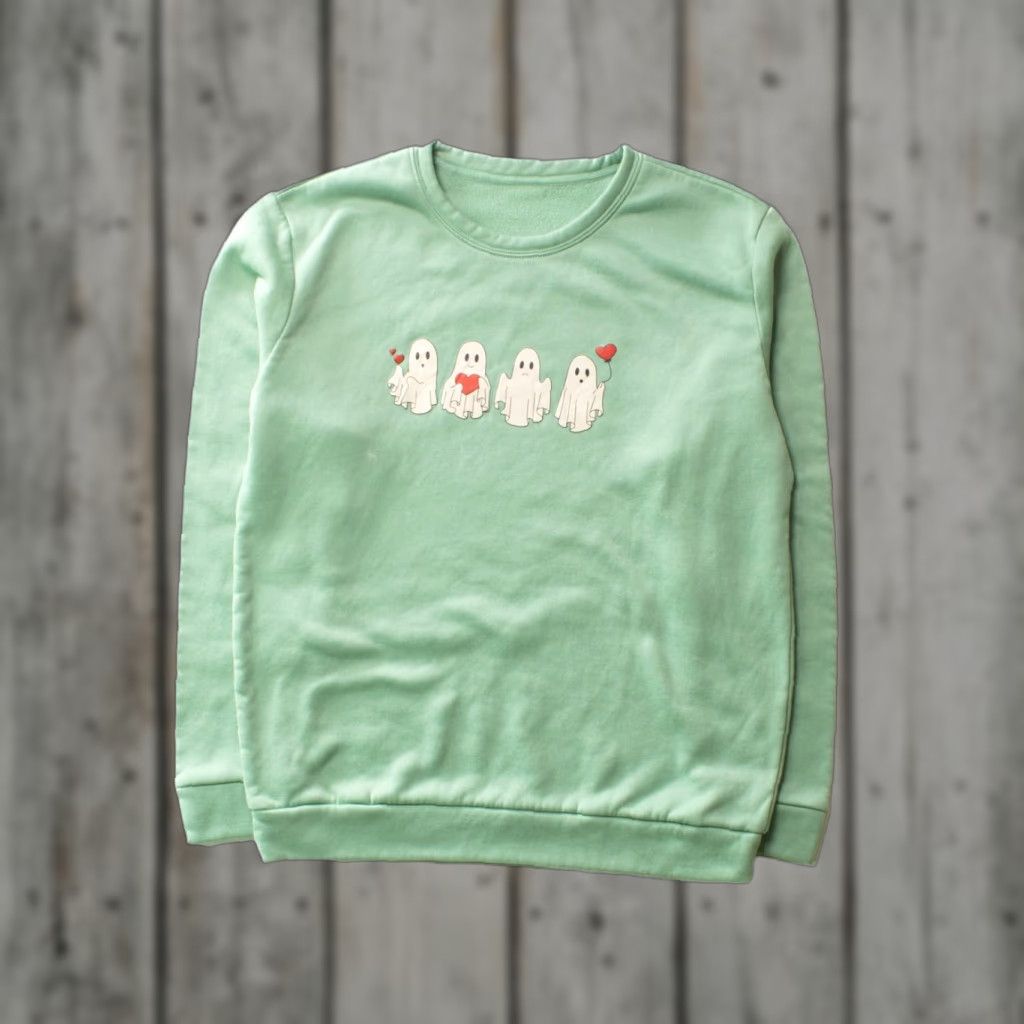 Shein VINTAGE Ghost Hearts Sweatshirt 2020s Shein Green X-Large Adults Mens Womens Girls Boys Size US XL / EU 56 / 4 - 1 Thumbnail