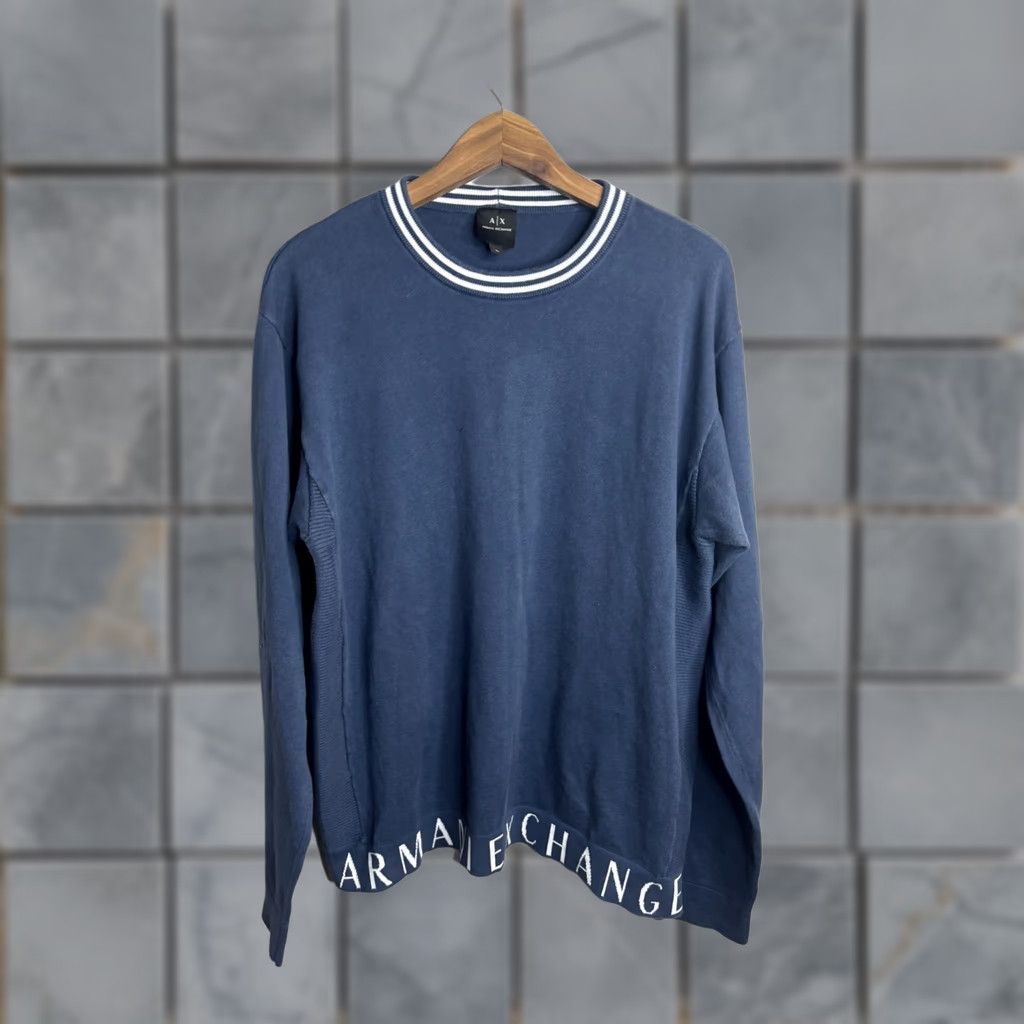 Armani Exchange VINTAGE Armani Exchange Sweater Mens XL Blue Crew Neck Pullover Logo Knit Striped Collar Size US XL / EU 56 / 4 - 1 Thumbnail