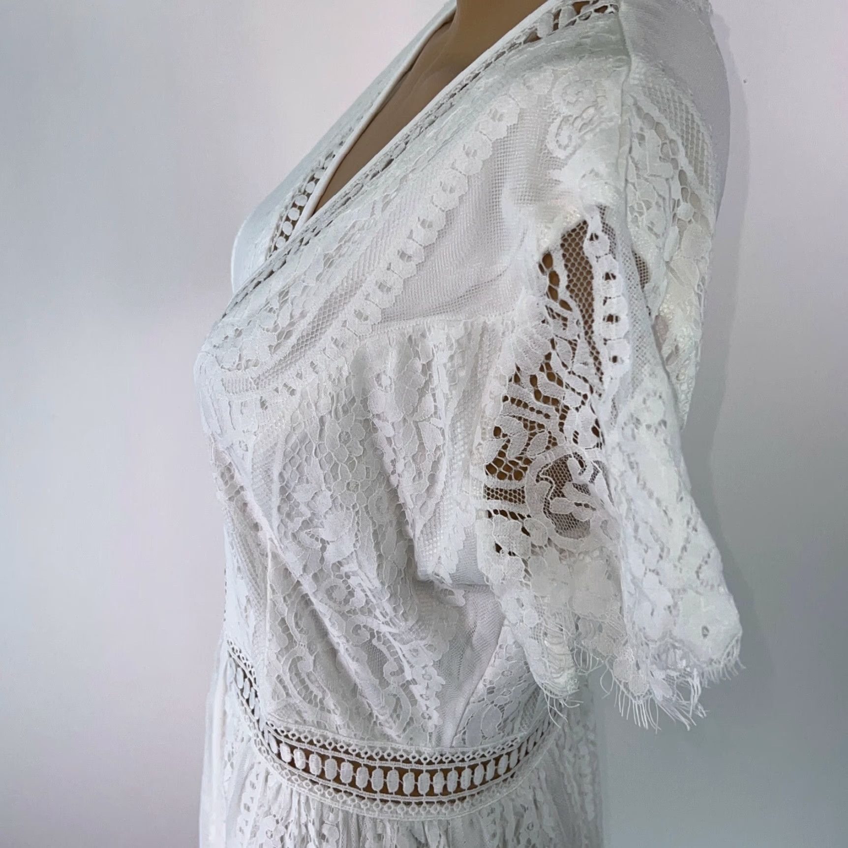 Vintage WOMENS Maxi Dress Floral Lace White V-Neck Short Sleeve Size M Medium Party Wedding Dress Size M / US 6-8 / IT 42-44 - 6 Thumbnail