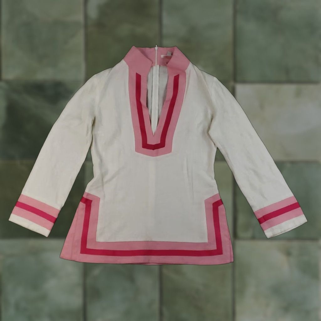 Alice + Olivia Alice + Olivia Shirt Womens Small White Pink V-Neck Linen Pullover Long Sleeve Size S / US 4 / IT 40 - 1 Thumbnail