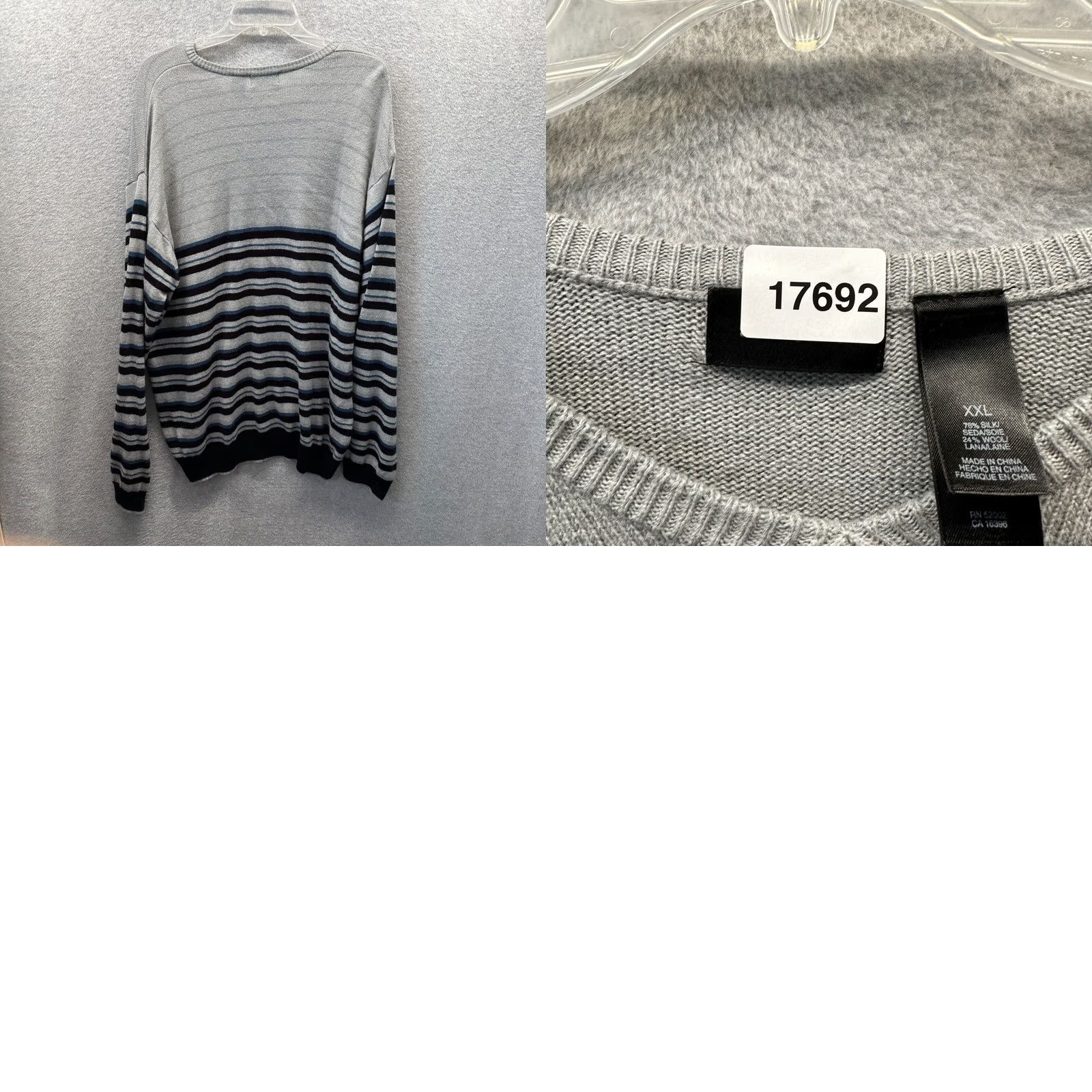Liz Claiborne Claiborne Sweater Mens 2XL Gray Striped Silk Wool V-Neck 90s Knit Pullover Vintage​ Size US XXL / EU 58 / 5 - 8 Thumbnail