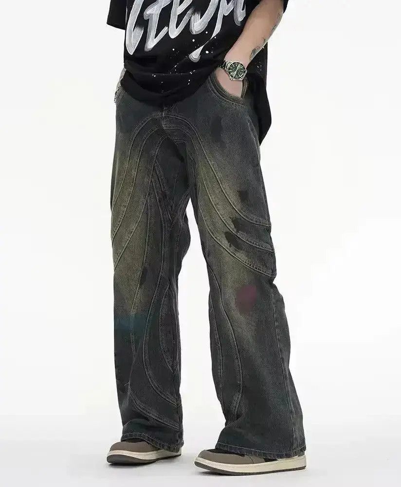 Japanese Brand Patchwork Design Washed Trendy Graffiti Straight Jeans Size US 34 / EU 50 - 2 Thumbnail