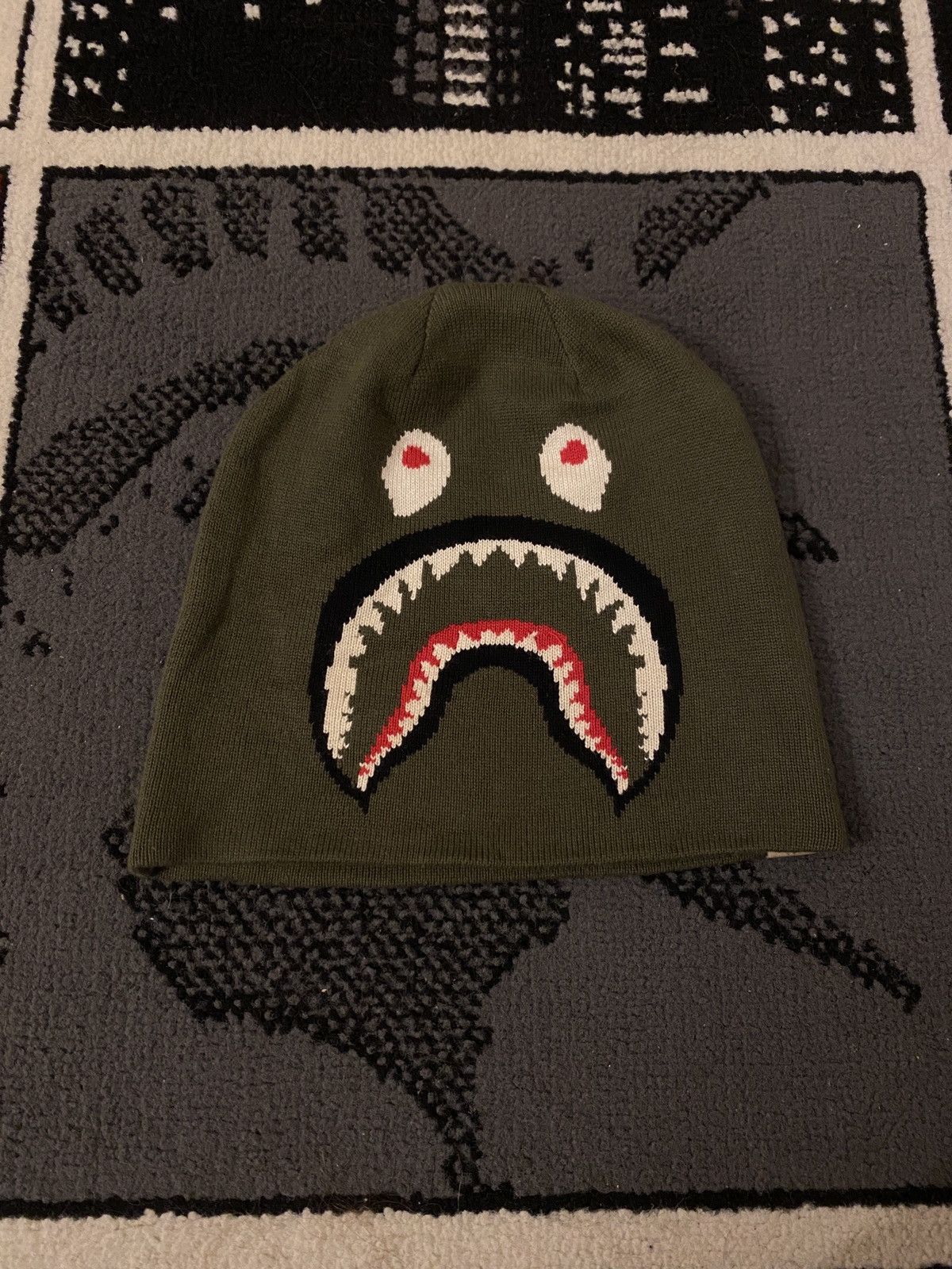image of Bape x Nigo Shark Knit Cap in Olive, Men's