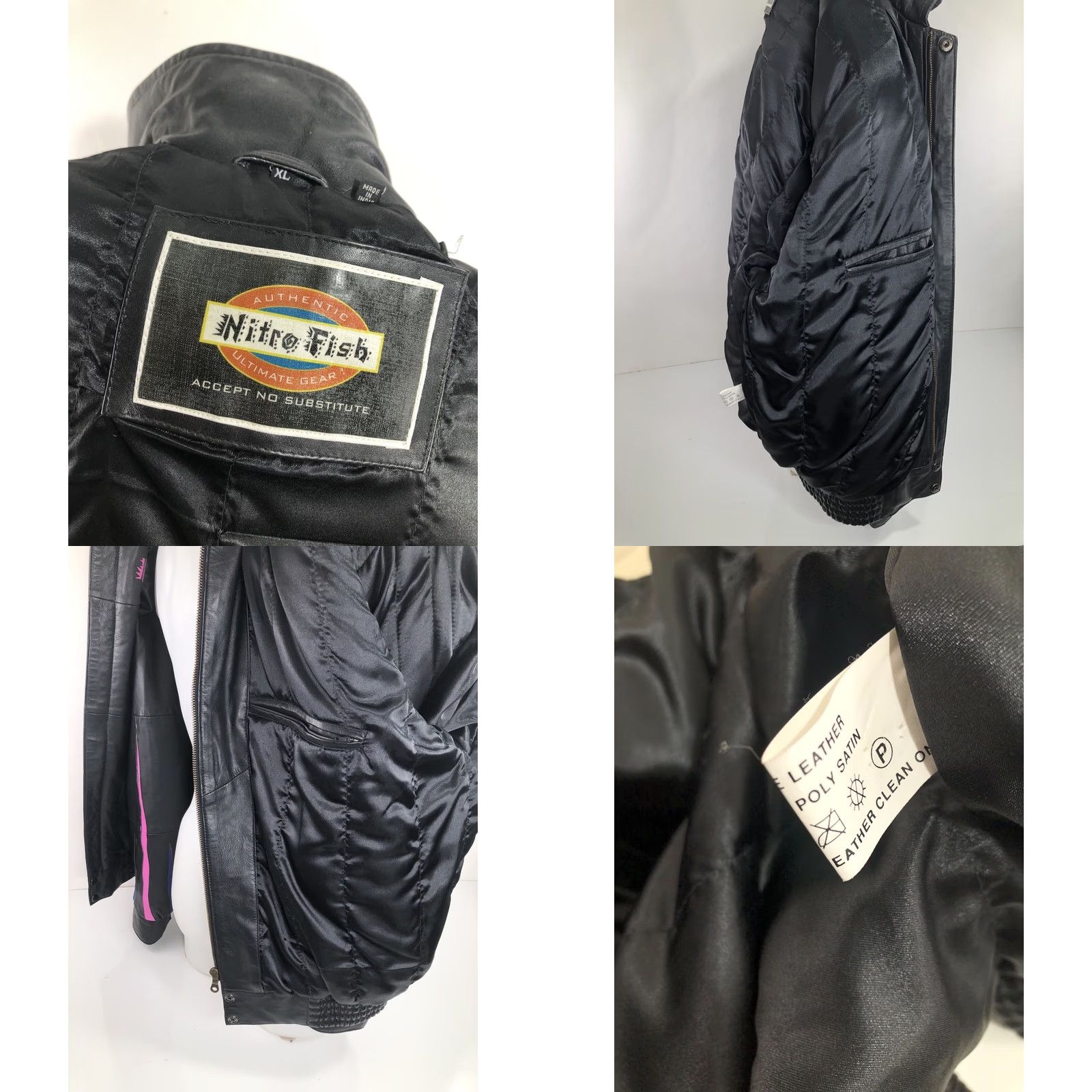 Vintage NITRO FISH Leather Bomber Jacket Mens XL Shoulder Pads Black 90s Fish Theme Vintage EXCELLENT Size US XL / EU 56 / 4 - 8 Thumbnail