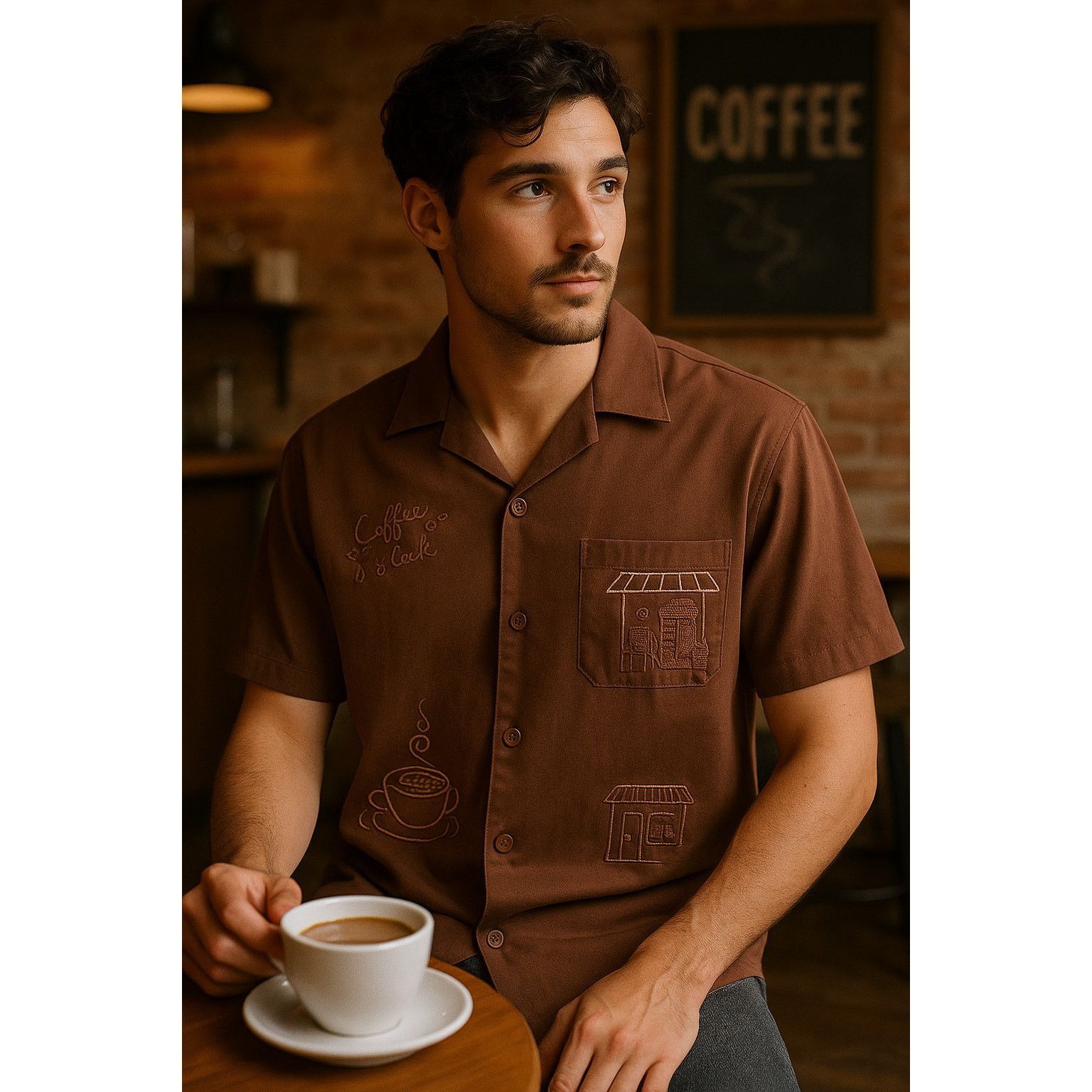Other Cafe Aesthetic Embroidered Coffee Shirt Brown Vox Populi L Size US L / EU 52-54 / 3 - 1 Thumbnail