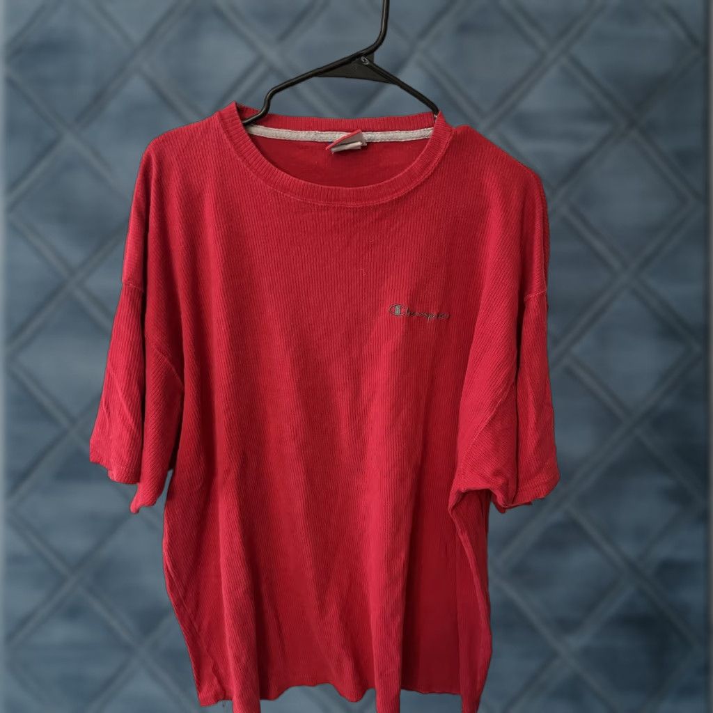 Champion VINTAGE Champion Mens T-Shirt Ribbed Knit Short Sleeve Crew Neck Red XL 90s Size US XL / EU 56 / 4 - 1 Thumbnail