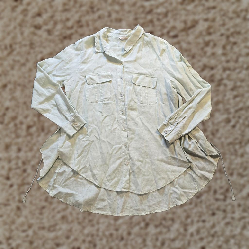 Soft Surroundings Soft Surroundings Top Blouse Womens Size L Green Linen Button Tie Back Lagenlook Shirt Tunic Bohemian Seasonal Spring Summer Fall Regular Geometric? Size L / US 10 / IT 46 - 1 Thumbnail