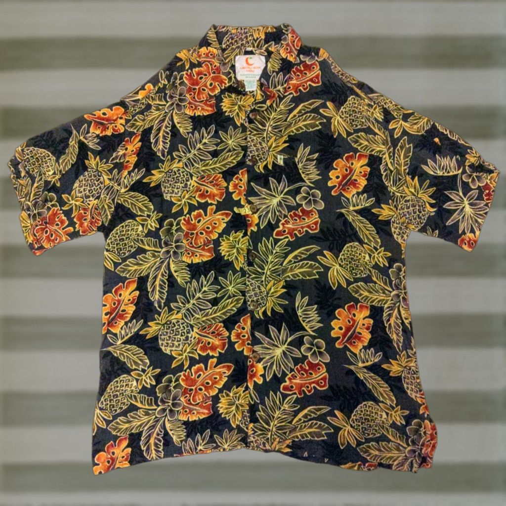 Vintage Pineapple Moon Hawaiian Shirt Men XL Black Floral Short Sleeve Button-Up Size US XL / EU 56 / 4 - 1 Thumbnail