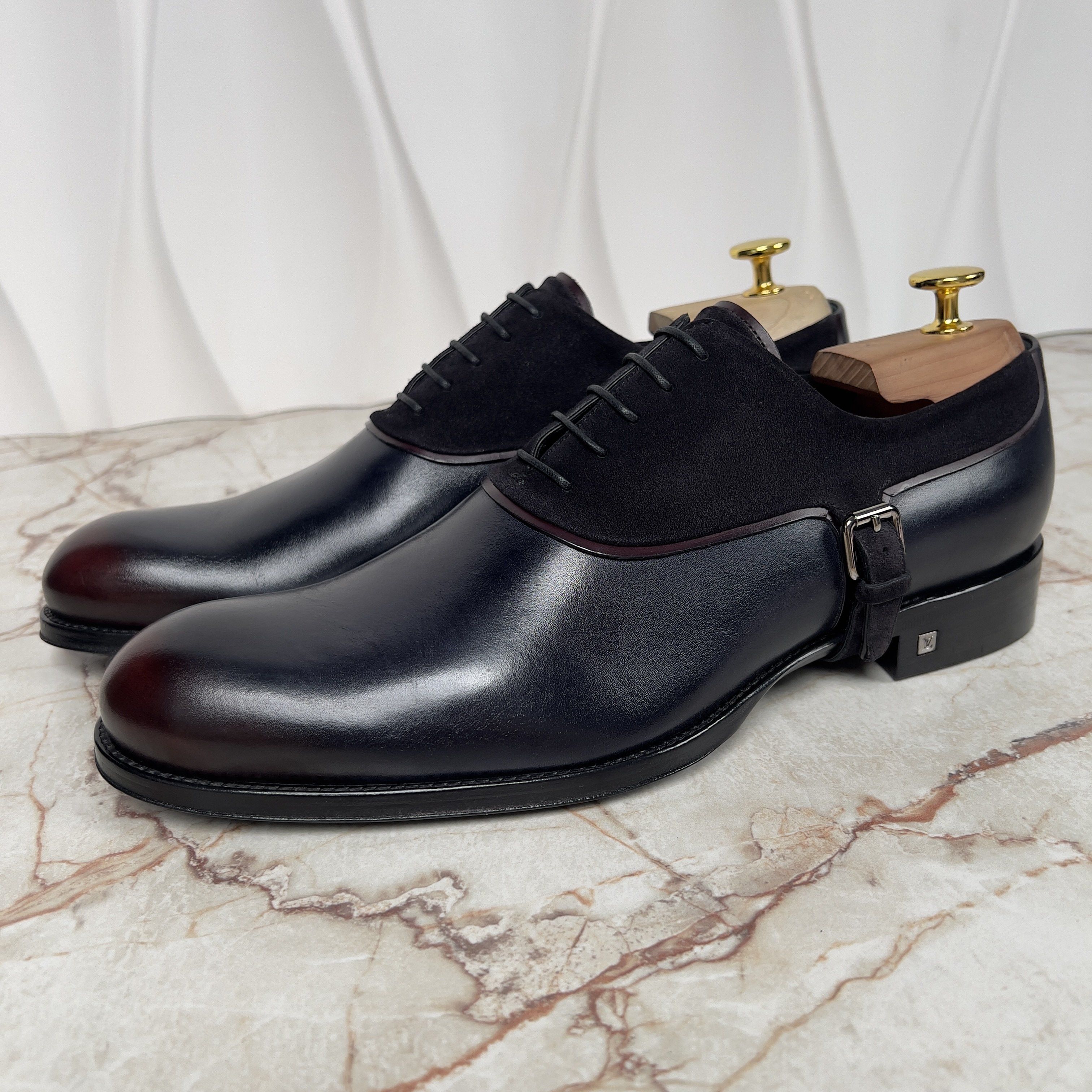 Louis Vuitton Derby Dress Shoes Strap Blue Brown Leather, Men's (Size 8.5)