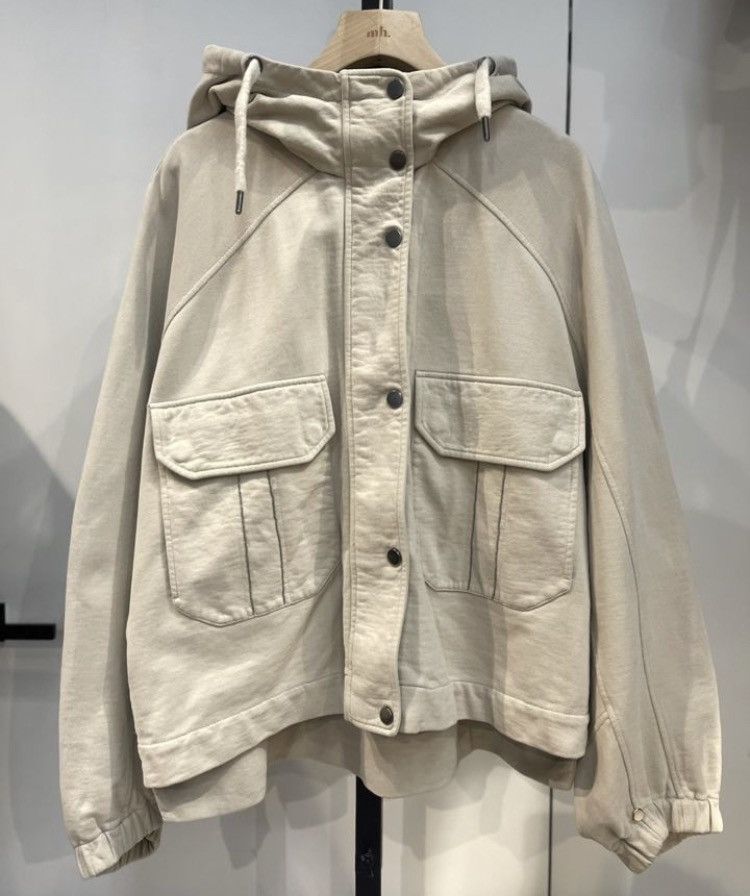 image of Brunello Cucinelli Cotton Big Pocket Detailed Hooded Bomber in Beige, Men's (Size Medium)