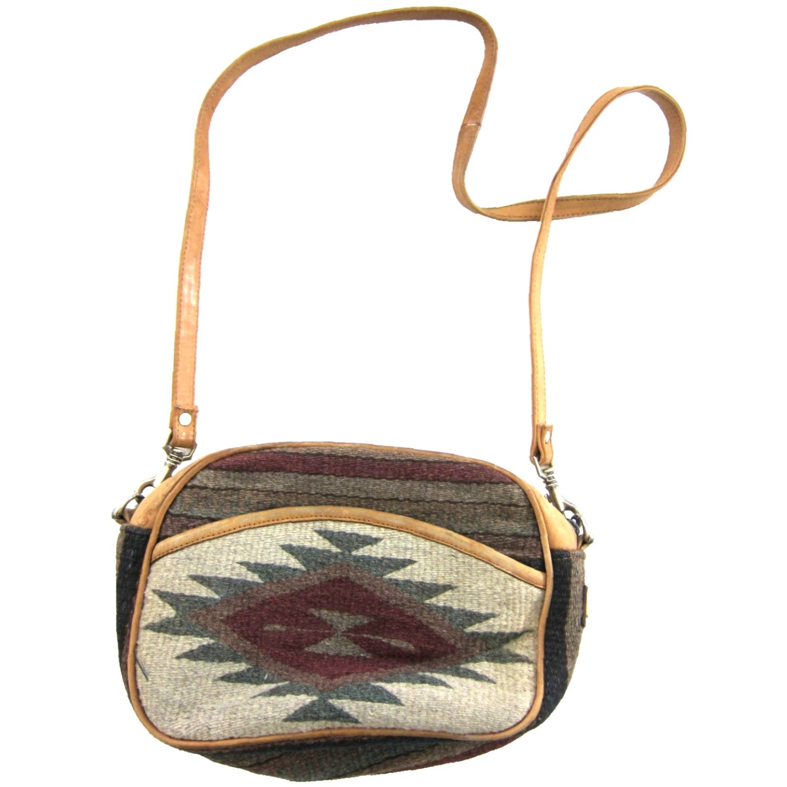 Vintage VINTAGE Bernardo Mexico Brown Leather Green Red Wool Carpet Kilim Satchel Purse Leather Purse Bag Size ONE SIZE - 2 Thumbnail