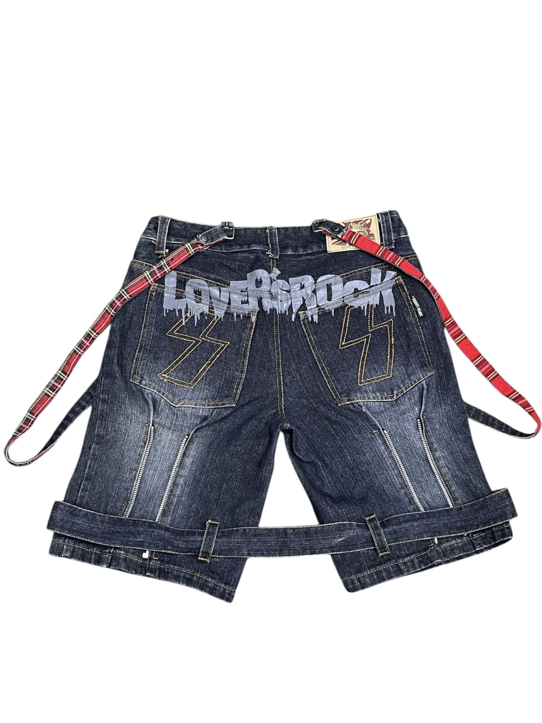 Super Lovers Vtg LOVER'S ROCK Bondage Denim Shorts | Punk Melted Spellout Size US 30 / EU 46 - 2 Thumbnail