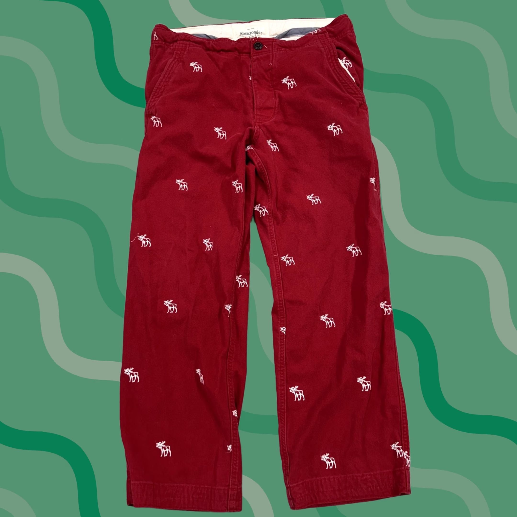 Abercrombie & Fitch Abercrombie & Fitch Pants Mens Medium Red Embroidered Moose Chino Drawstring Size US 31 - 1 Thumbnail