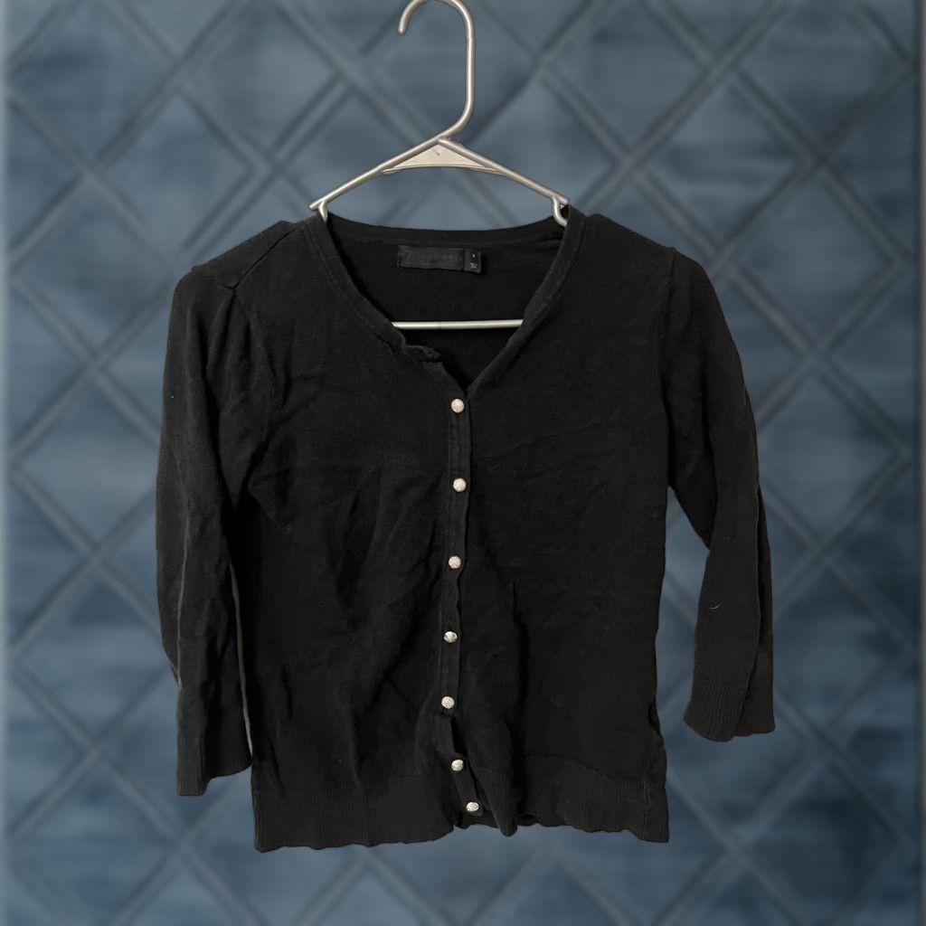 Vintage New York & Company Cardigan Top Womens Small Black Solid 3/4 Sleeve Cotton Blend Button V-Neck Size S / US 4 / IT 40 - 1 Thumbnail