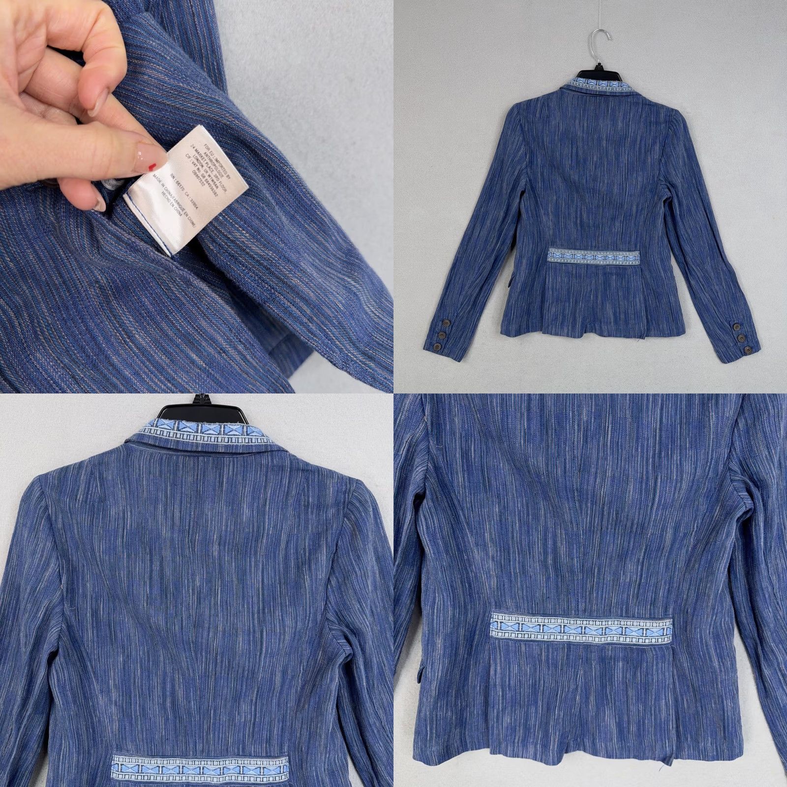 Vintage Cartonnier Blazer Womens 2 Blue Stripe Linen Cotton Embroidered Collar Jacket - Pre-Owned 2 Size XS / US 0-2 / IT 36-38 - 8 Thumbnail