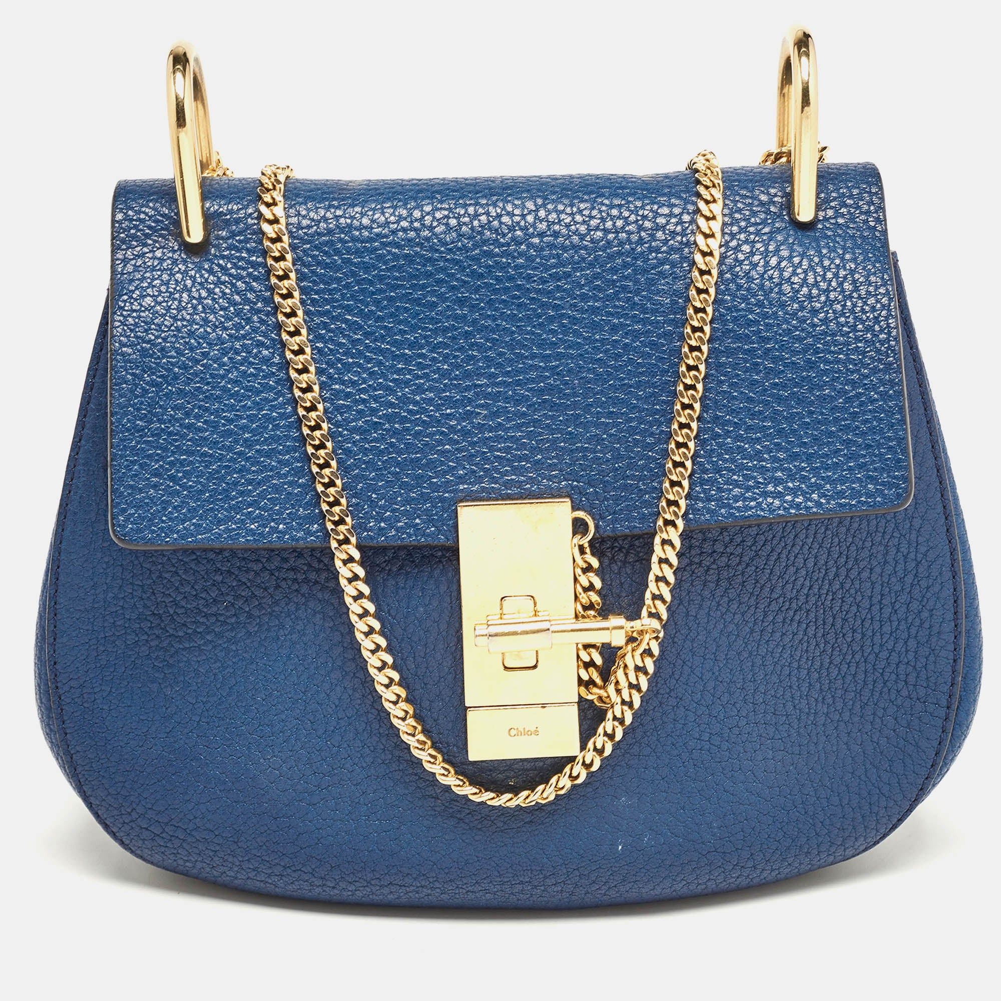 image of Chloe Blue Leather Medium Drew Shoulder Bag, Women's