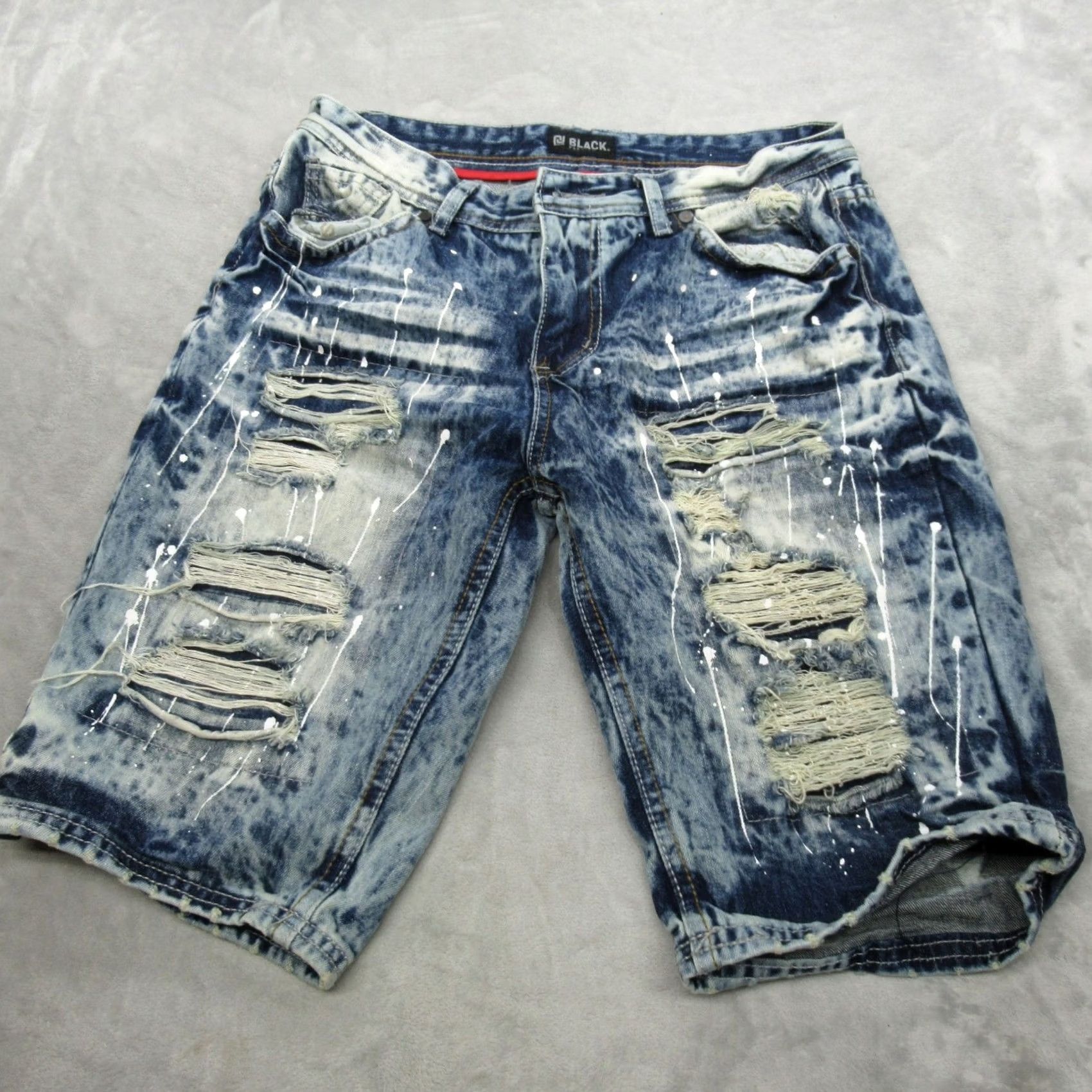 Denime CJ Black Premium Denim Shorts Men 32 Distress Paint Splatter Regular Flat Front Pockets Blue 11in Inseam Adults Mens Size US 32 / EU 48 - 2 Thumbnail