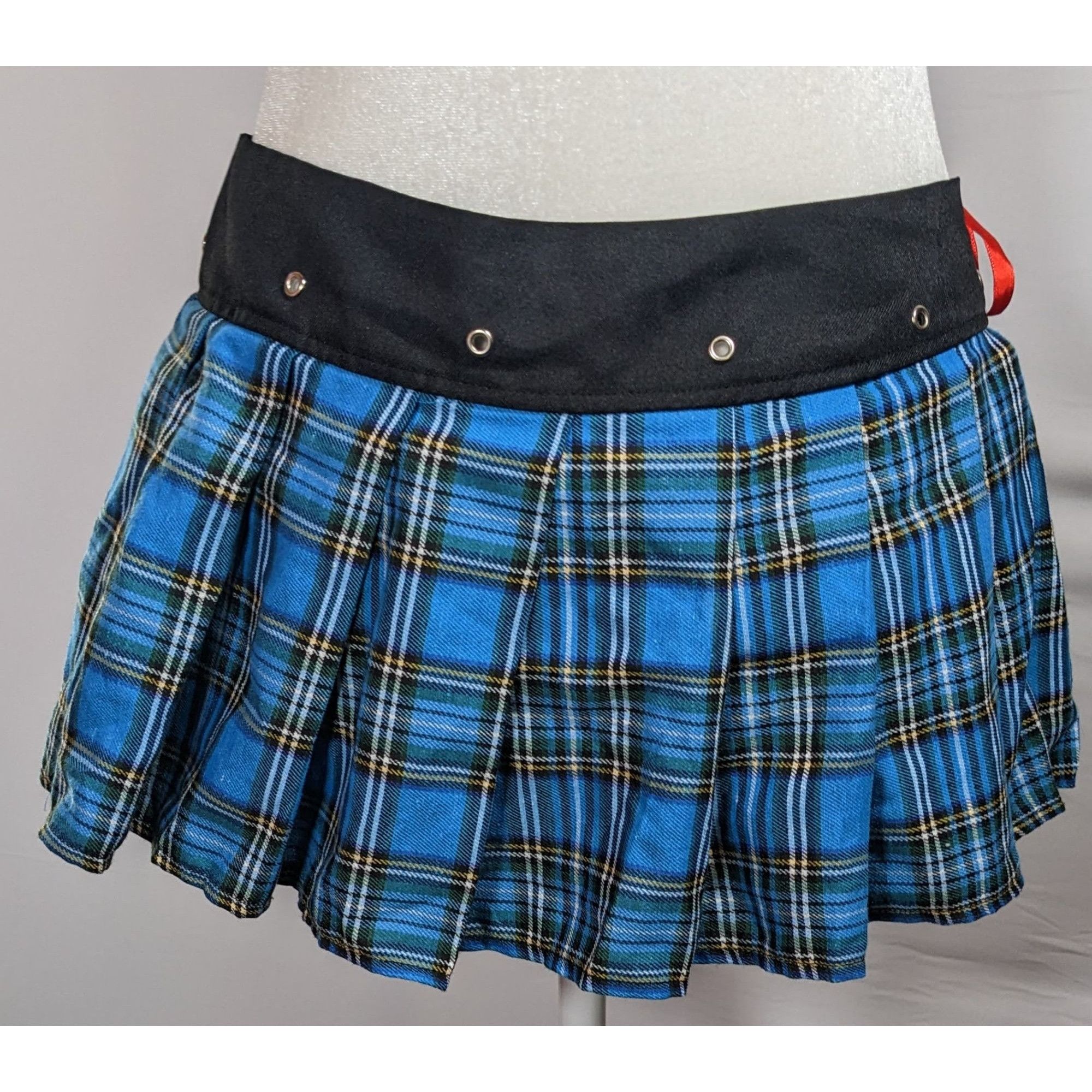Other Gothic Punk Blue Plaid Pleated Tie On Mini Skirt Size 34" / US 12 / IT 48 - 6 Thumbnail