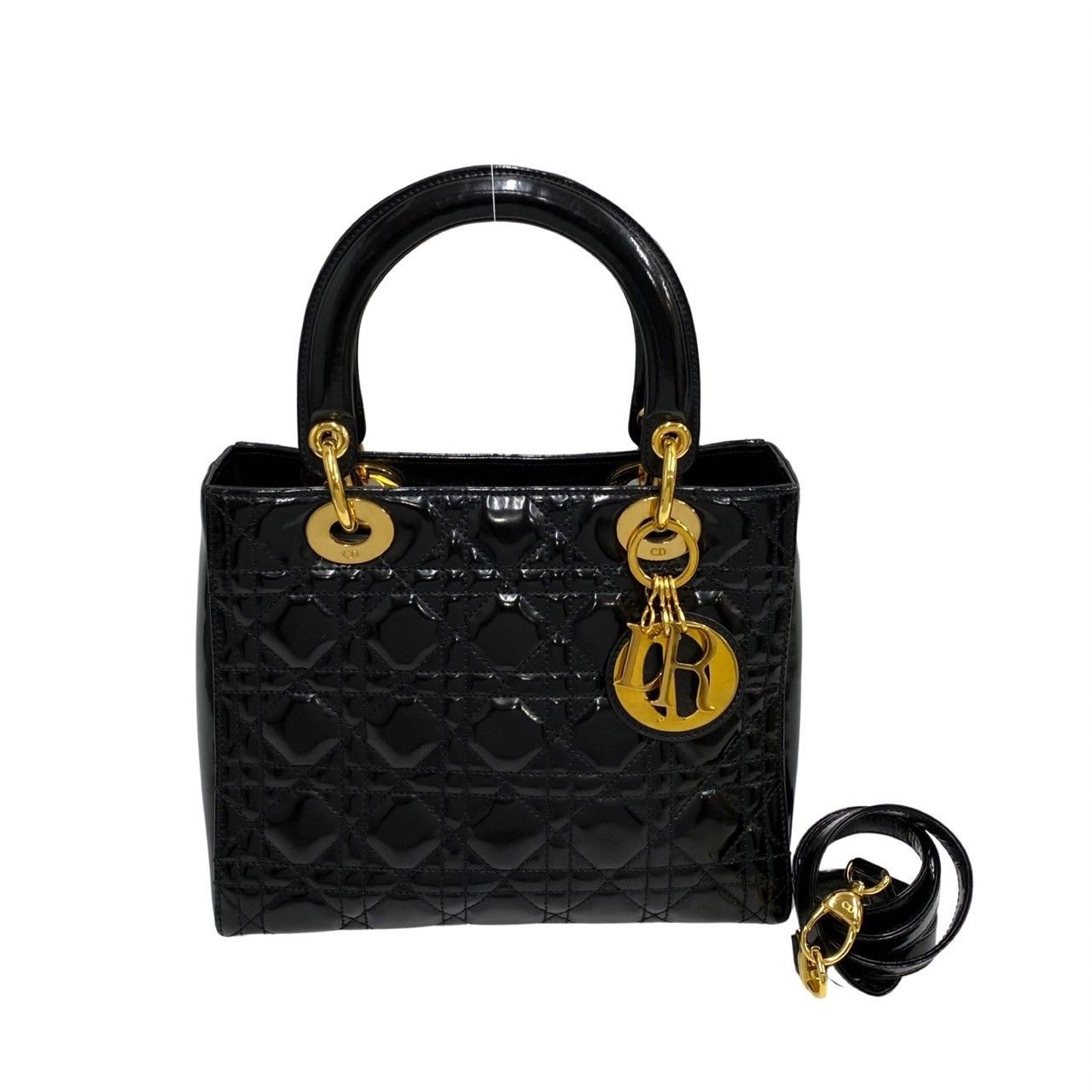image of Christian Dior Cannage Patent Leather Handbag Shoulder Bag Black, Women's