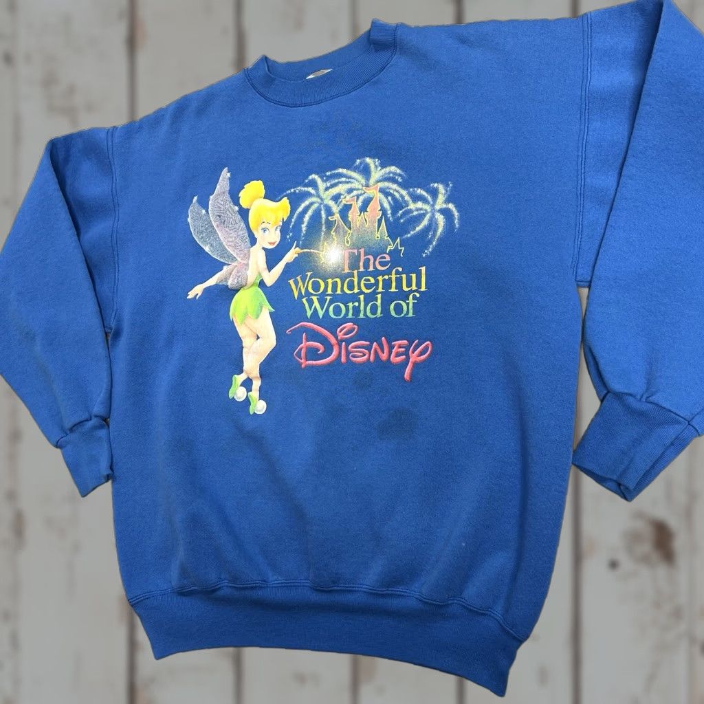 Disney VINTAGE Disney Tinker Bell Sweatshirt Unisex Adults Medium Blue Sweatshirt Fleece Lined Pullover Crew Neck Long Sleeve Graphic Print Logo Size M / US 6-8 / IT 42-44 - 1 Thumbnail