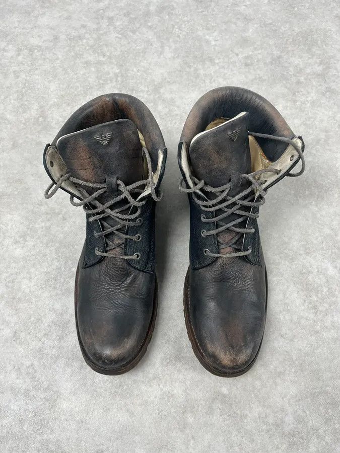 Armani 2000s Armani Brown Eroded Leather & Denim Boots Size US 11 / EU 44 - 2 Thumbnail