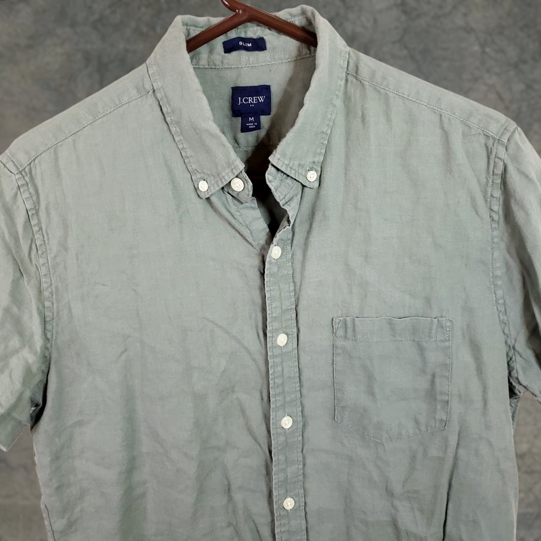 J.Crew J. Crew Shirt Mens M Green Slim Fit Linen Blend Short Sleeve Button-Up Collared Green Solid Casual Preppy Modern Men’s Shirt Size US M / EU 48-50 / 2 - 1 Thumbnail