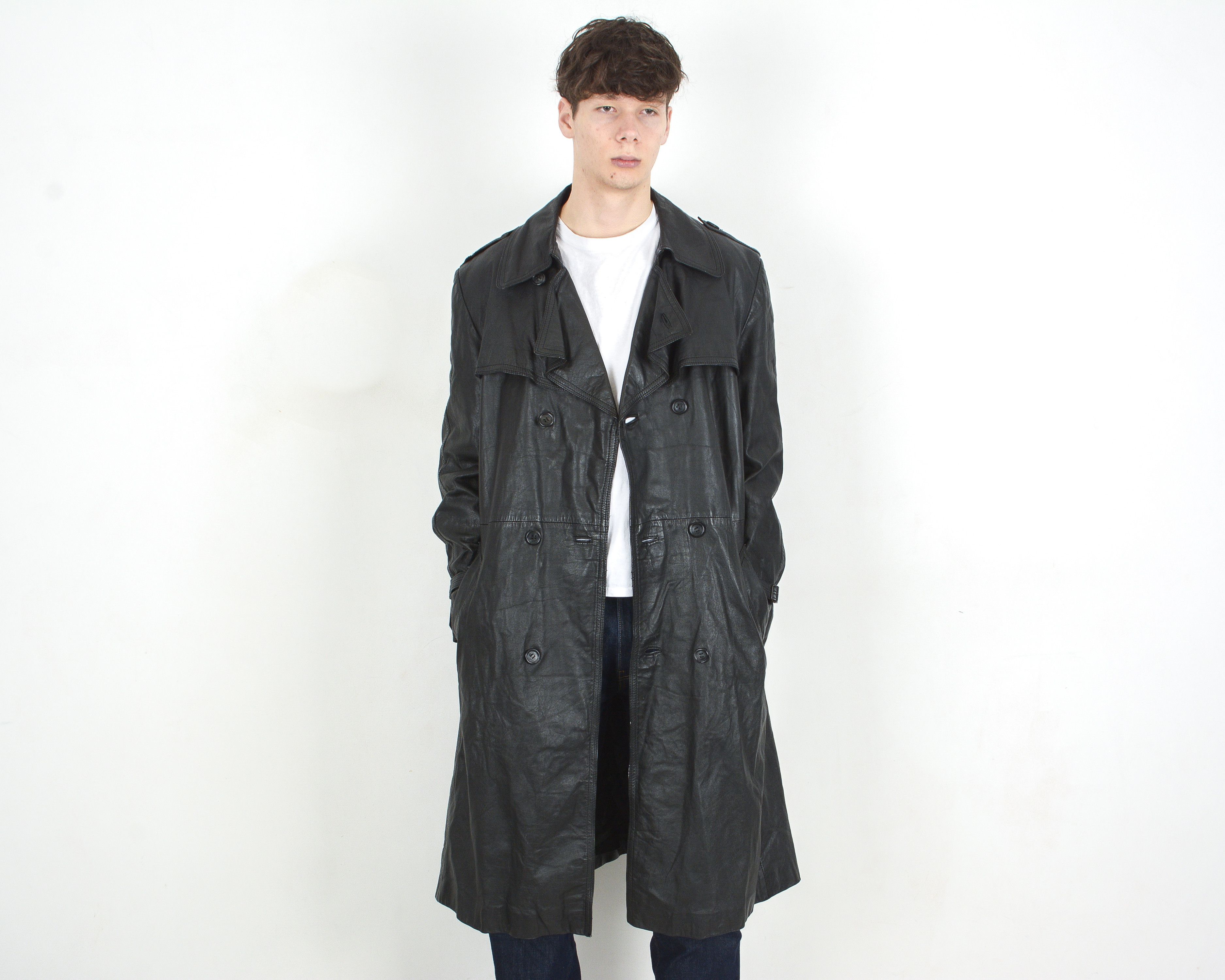 Band Tees × Vintage Leather Coat belted & insulated L Jacket Double breasted mac Size US L / EU 52-54 / 3 - 5 Thumbnail
