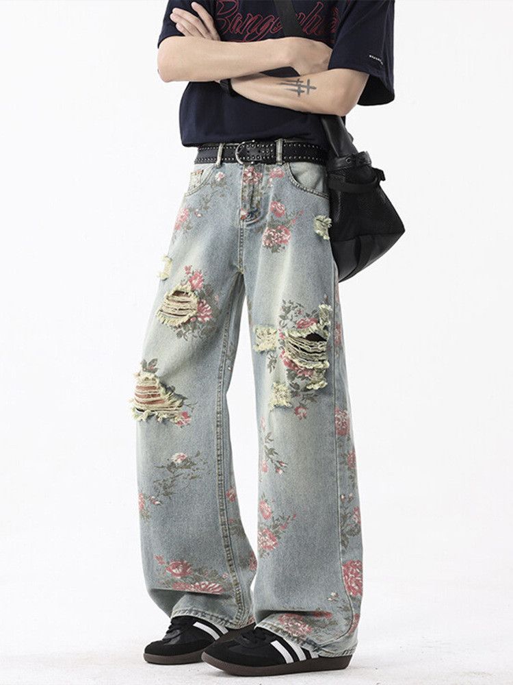 Japanese Brand Men's American high street flared rose pattern ripped jeans Size US 32 / EU 48 - 1 Thumbnail