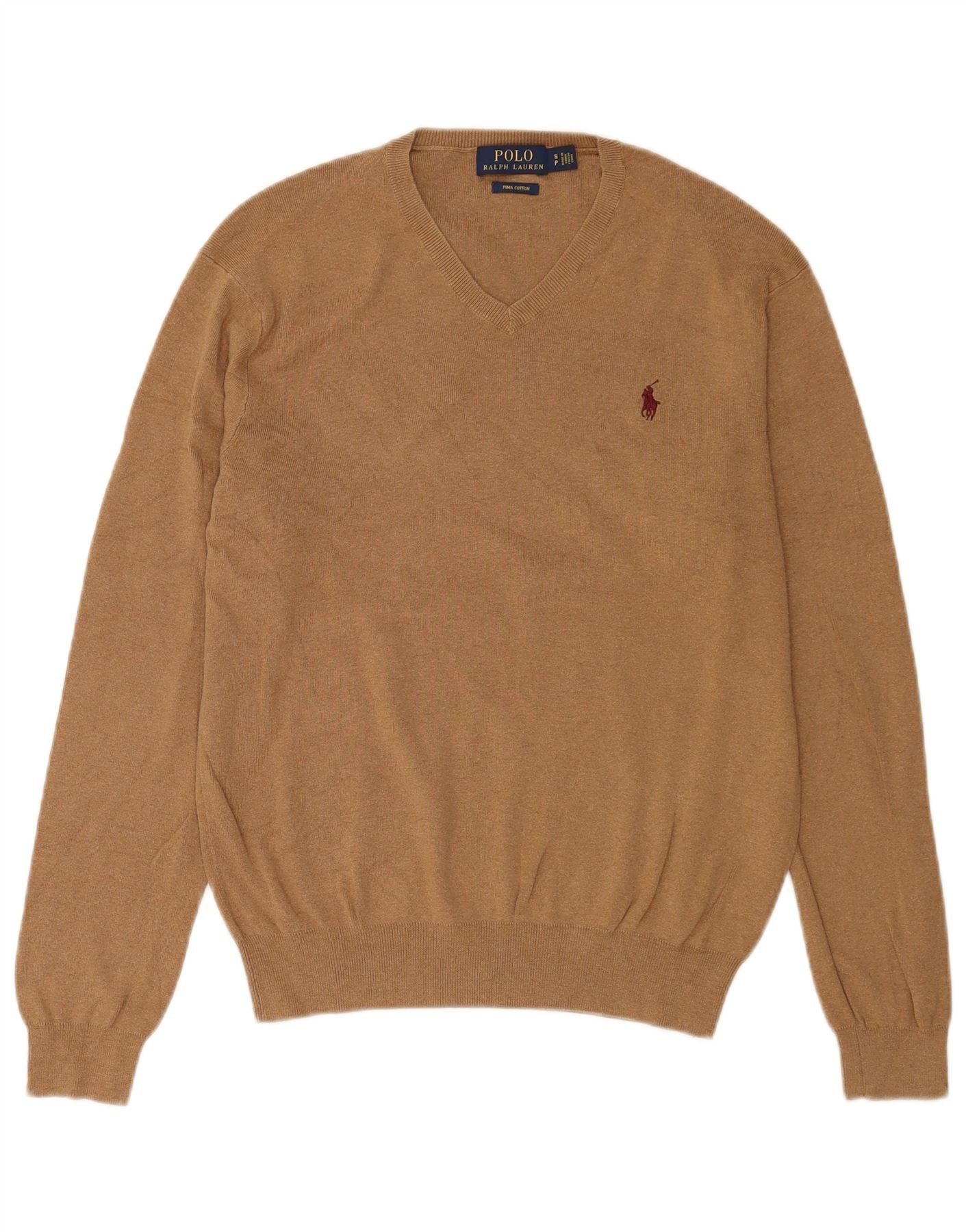 Polo Ralph Lauren Mens V-Neck Jumper Sweater Small Brown Cotton Size US S / EU 44-46 / 1 - 1 Thumbnail