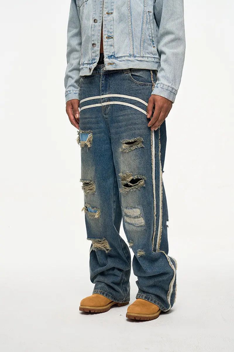 Japanese Brand × Jean Stripe Track Baggy Distressed Denim Jeans, Ripped Jeans Size US 30 / EU 46 - 1 Thumbnail