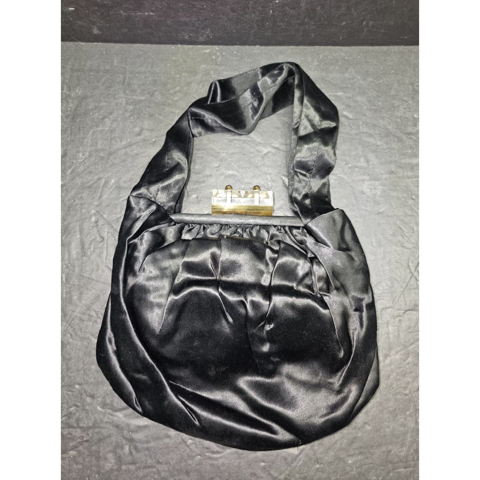 Vintage VINTAGE L & M Spot-Lite Black Silk Handbag Purse 1950's w/ Hinged Lucite Clasp Shoulder Bag Womens Size ONE SIZE - 2 Thumbnail