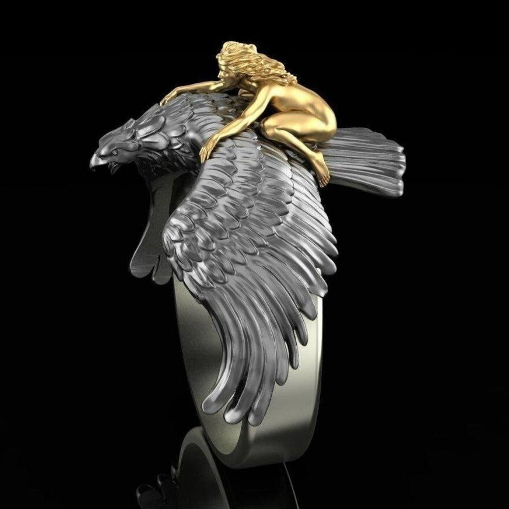 Designer Girl Flying on The Eagle Two Tone Punk Rock Ring - Size 9 Size ONE SIZE - 2 Thumbnail