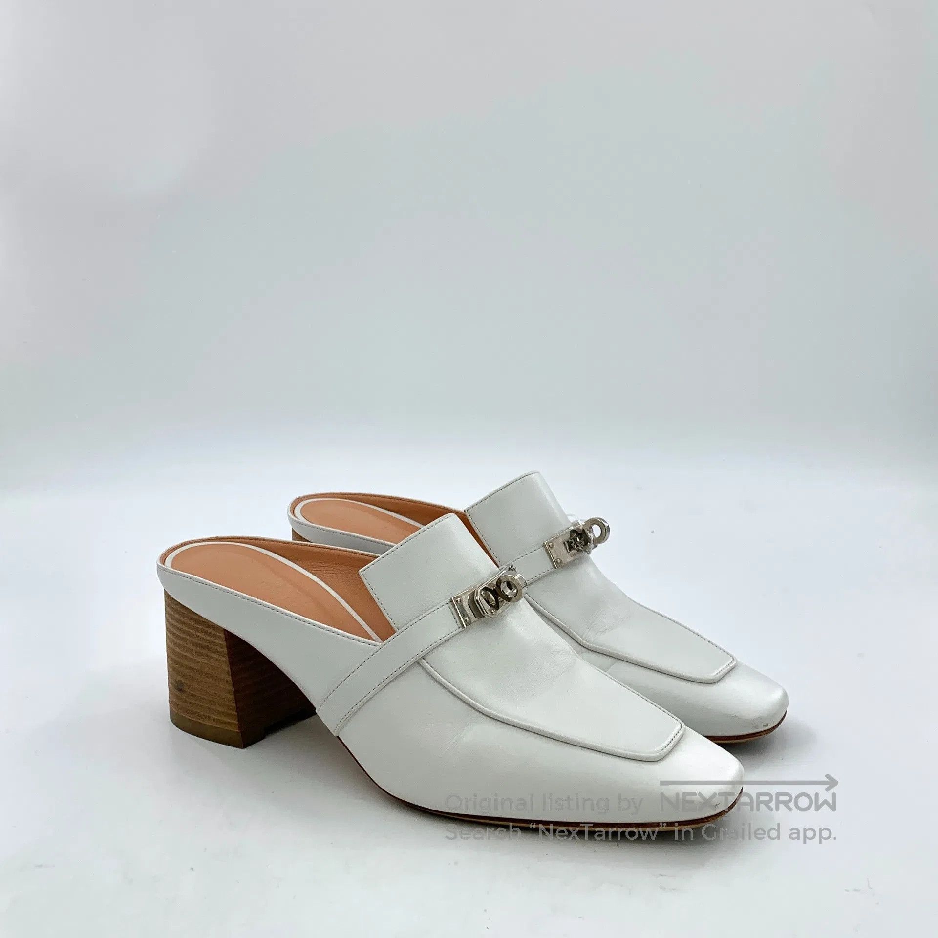 Hermes Hermes White silver buckle Mule block high-heeled shoes| Size US 8.5 / IT 38.5 - 2 Thumbnail