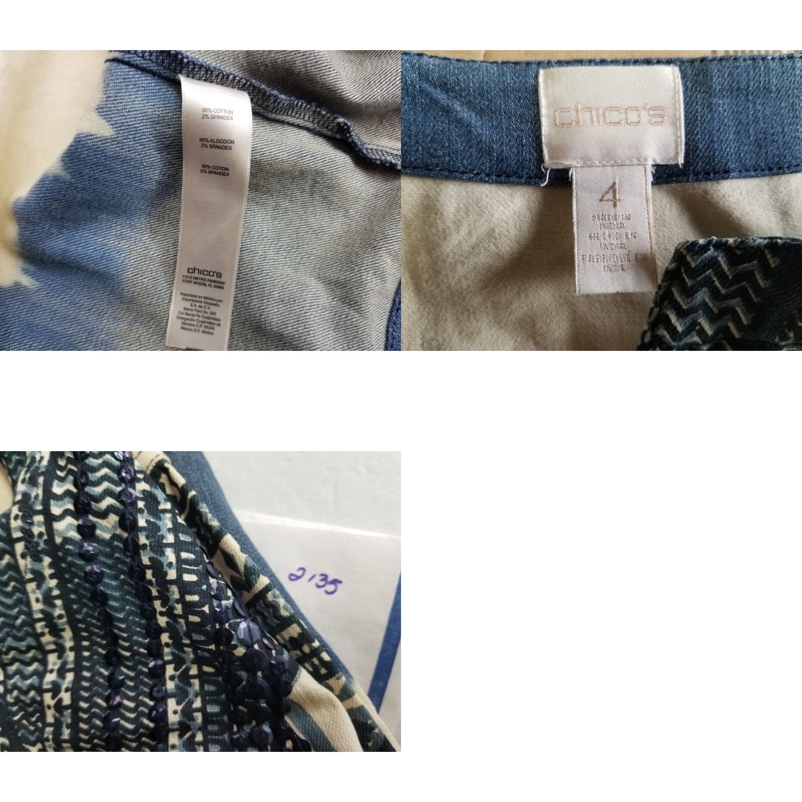 Vintage Chico's Cardigan Women Blue Denim Cotton Beaded Accent Open Front Size 4 Long Sleeve Size S / US 4 / IT 40 - 9 Thumbnail