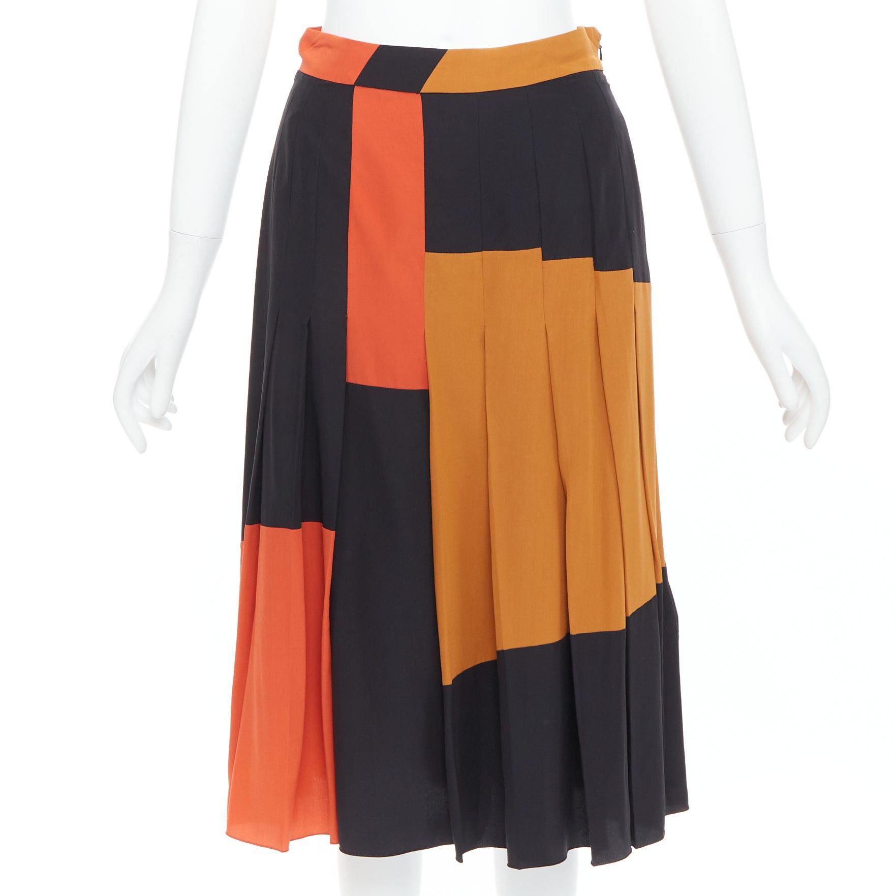 Bottega Veneta BOTTEGA VENETA 100% silk black orange brown colorblock pleated skirt IT36 XXS Size 25" / US 0 / IT 36 - 1 Thumbnail