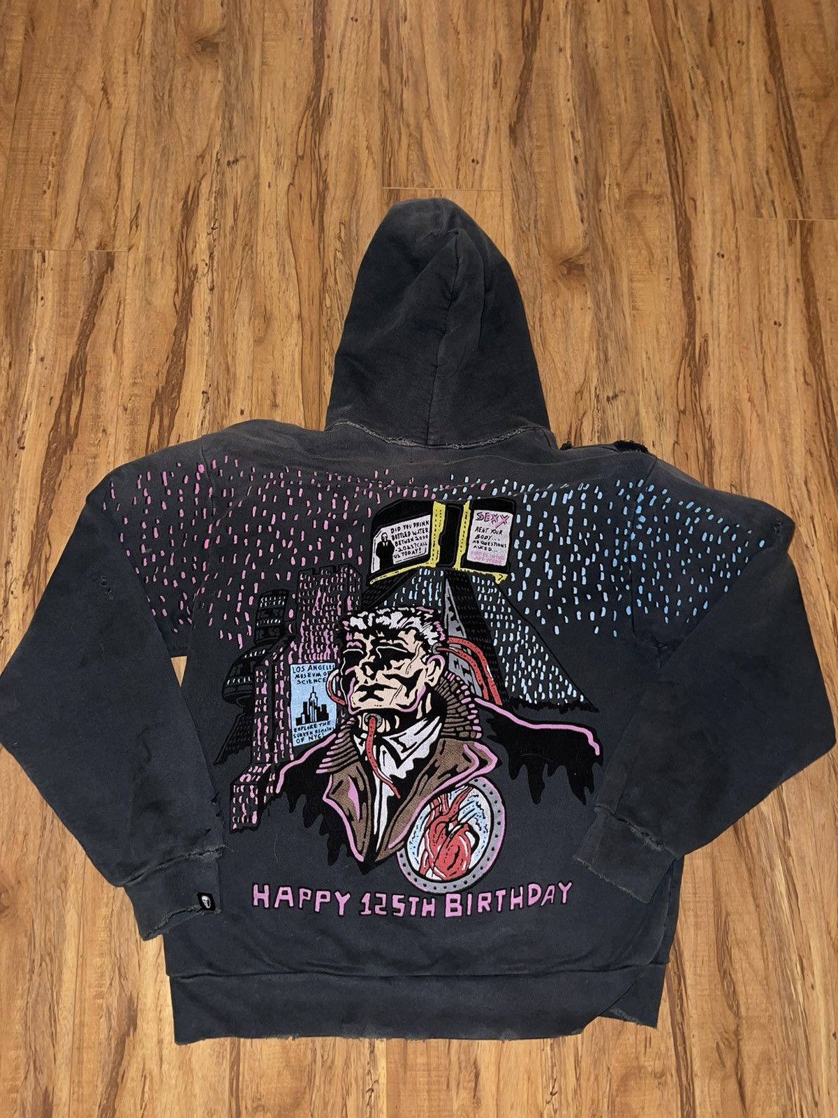 image of Warren Lotas “Happy 125Th Birthday Hoodie (Circa 2032 Bd)” in Black, Men's (Size Large)