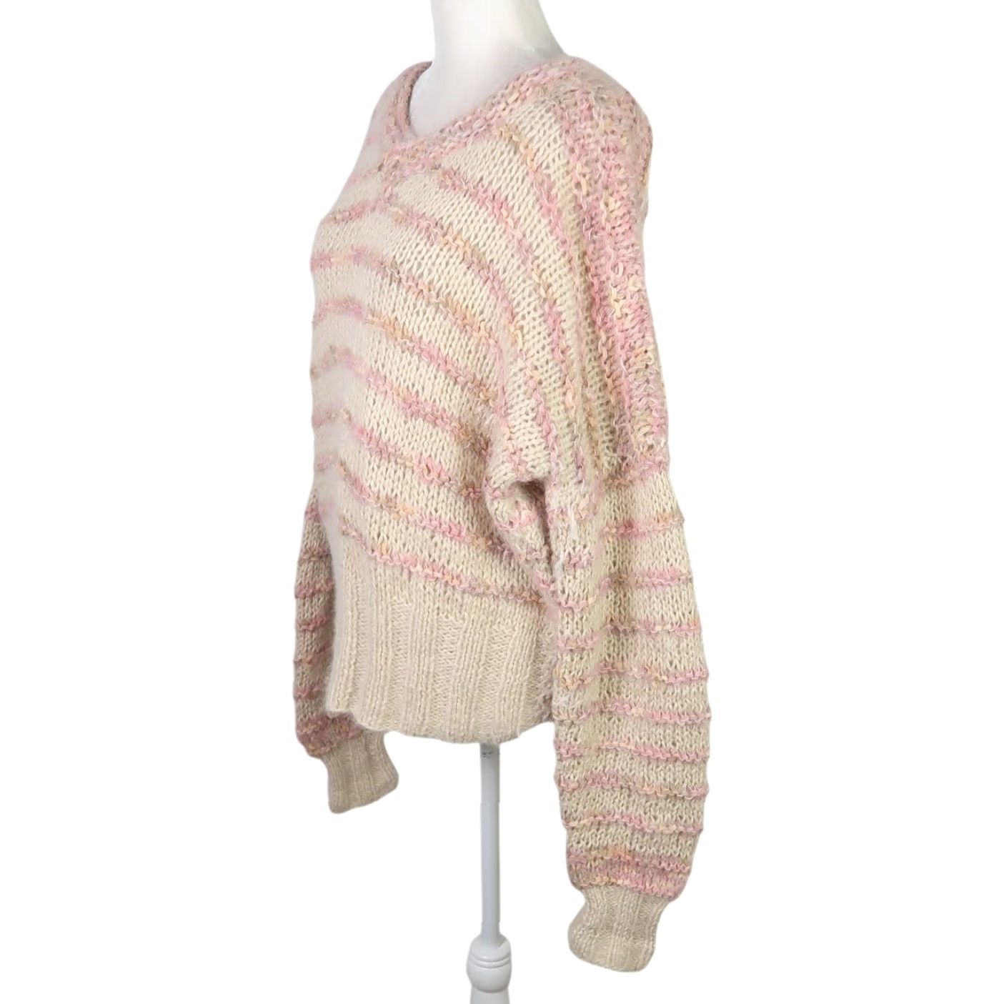 Vintage VINTAGE angora blend handknit sweater Pullover V-Neck Women L Tan Pink Striped Long Sleeve Pattern Casual 90s? Size L / US 10 / IT 46 - 3 Thumbnail