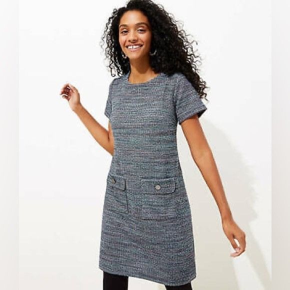 Loft LOFT Tweed Textured Blue Shift Dress with Front Pockets Size XS / US 0-2 / IT 36-38 - 1 Thumbnail